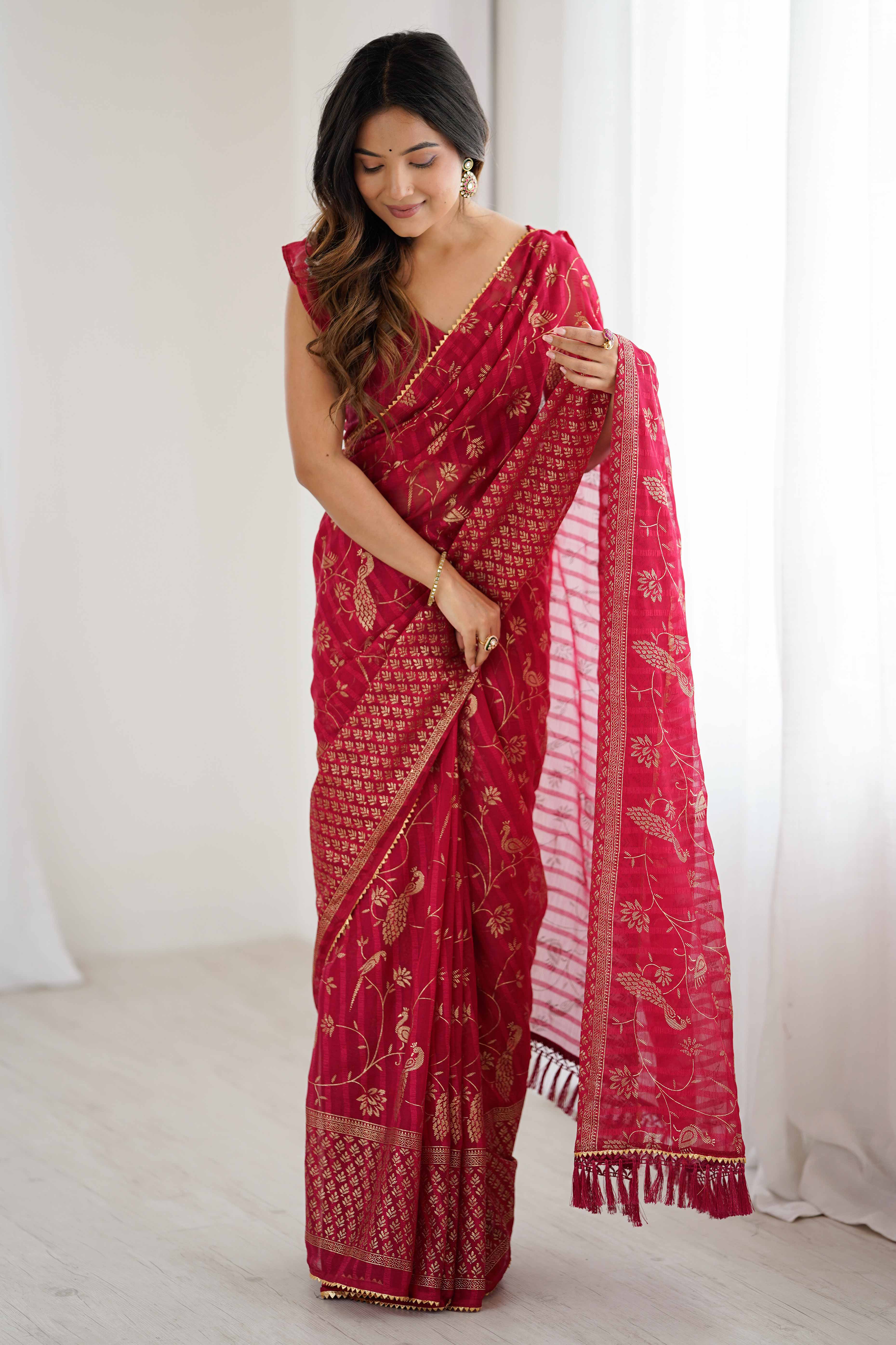 Pink Georgette Saree with Shimmering Foil Print & Gota Patti Border