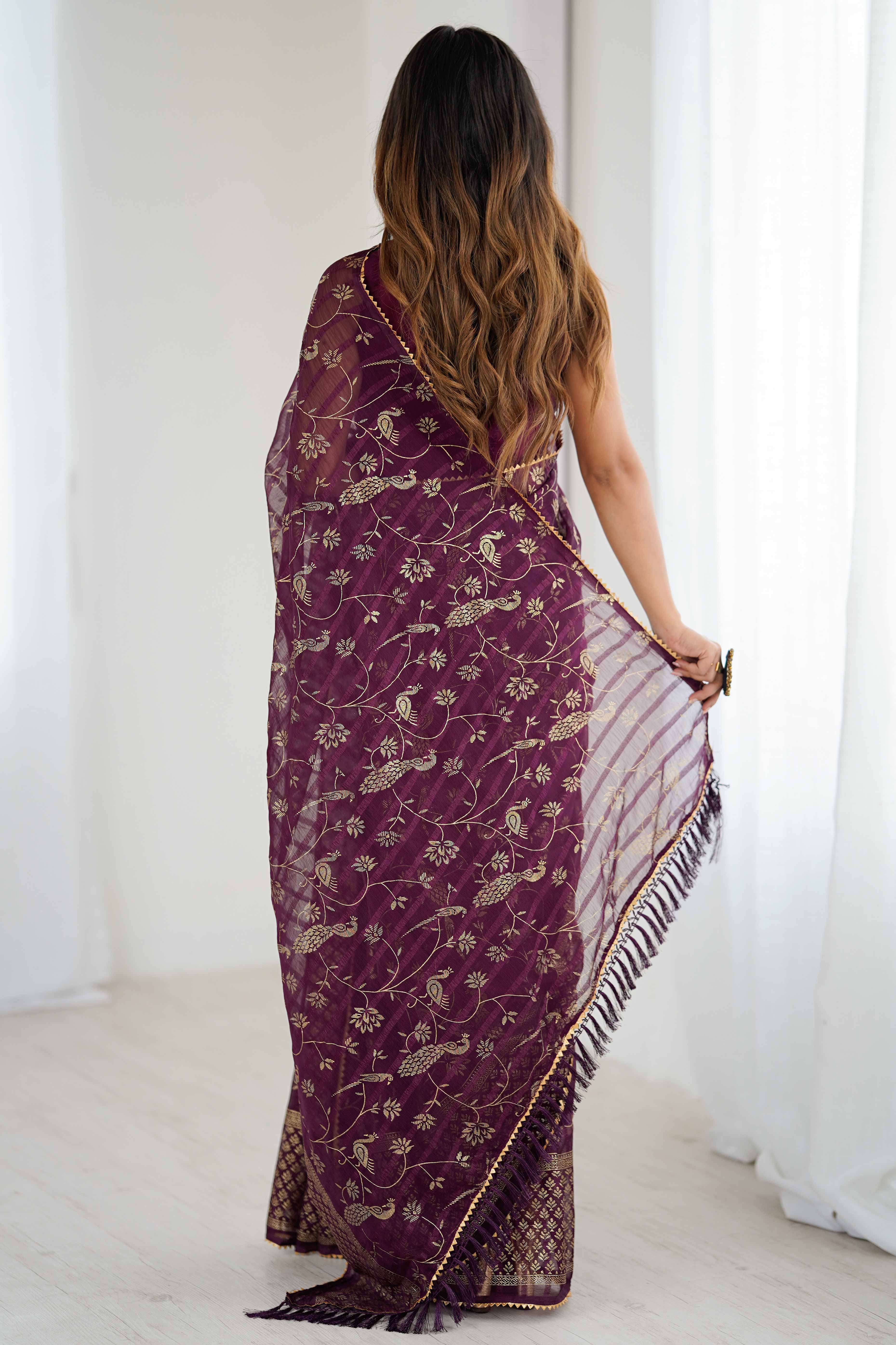 Wine Georgette Saree with Shimmering Foil Print & Gota Patti Border