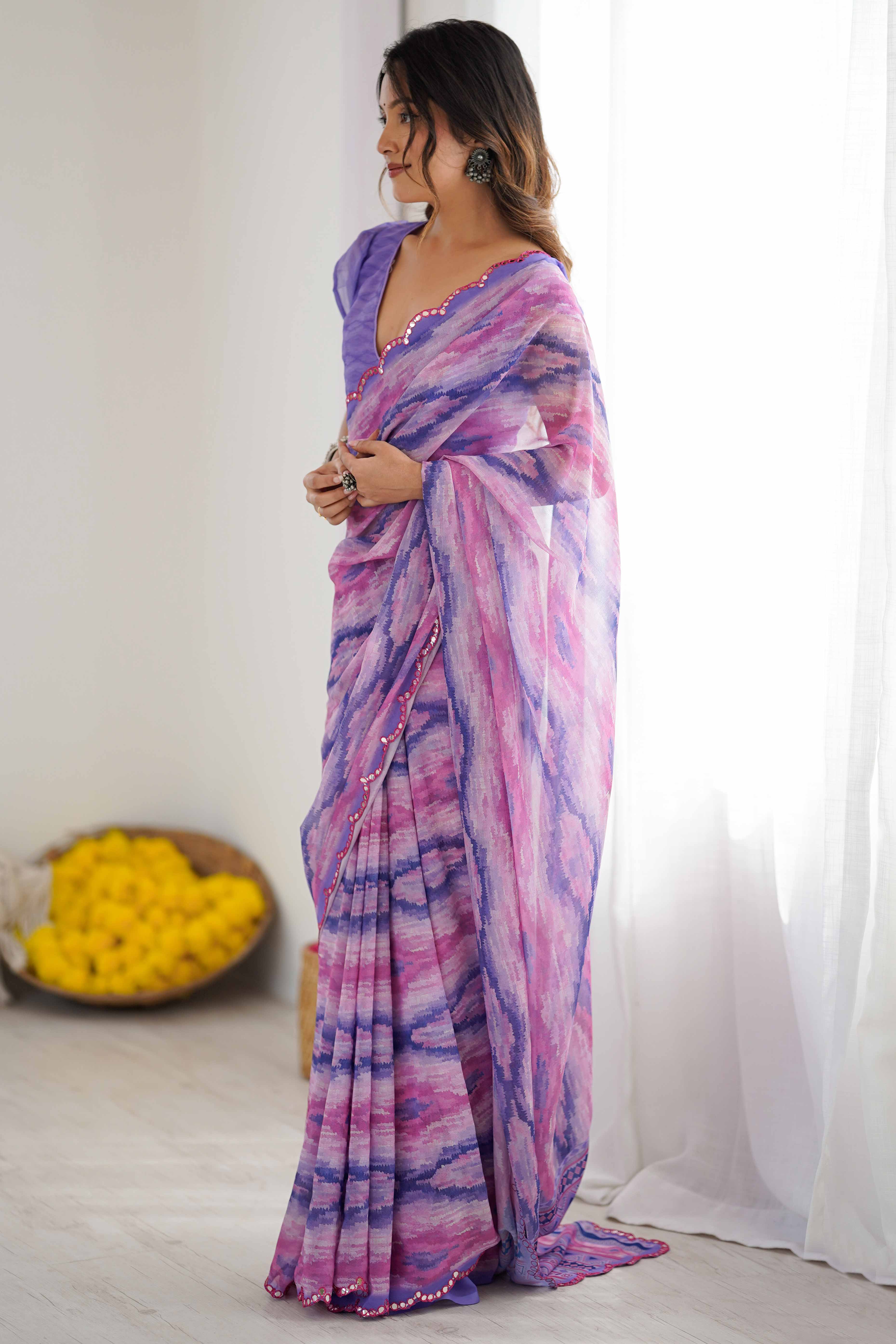 Lavender Georgette Saree Featuring Digital Print & Mirror Embroidery Border