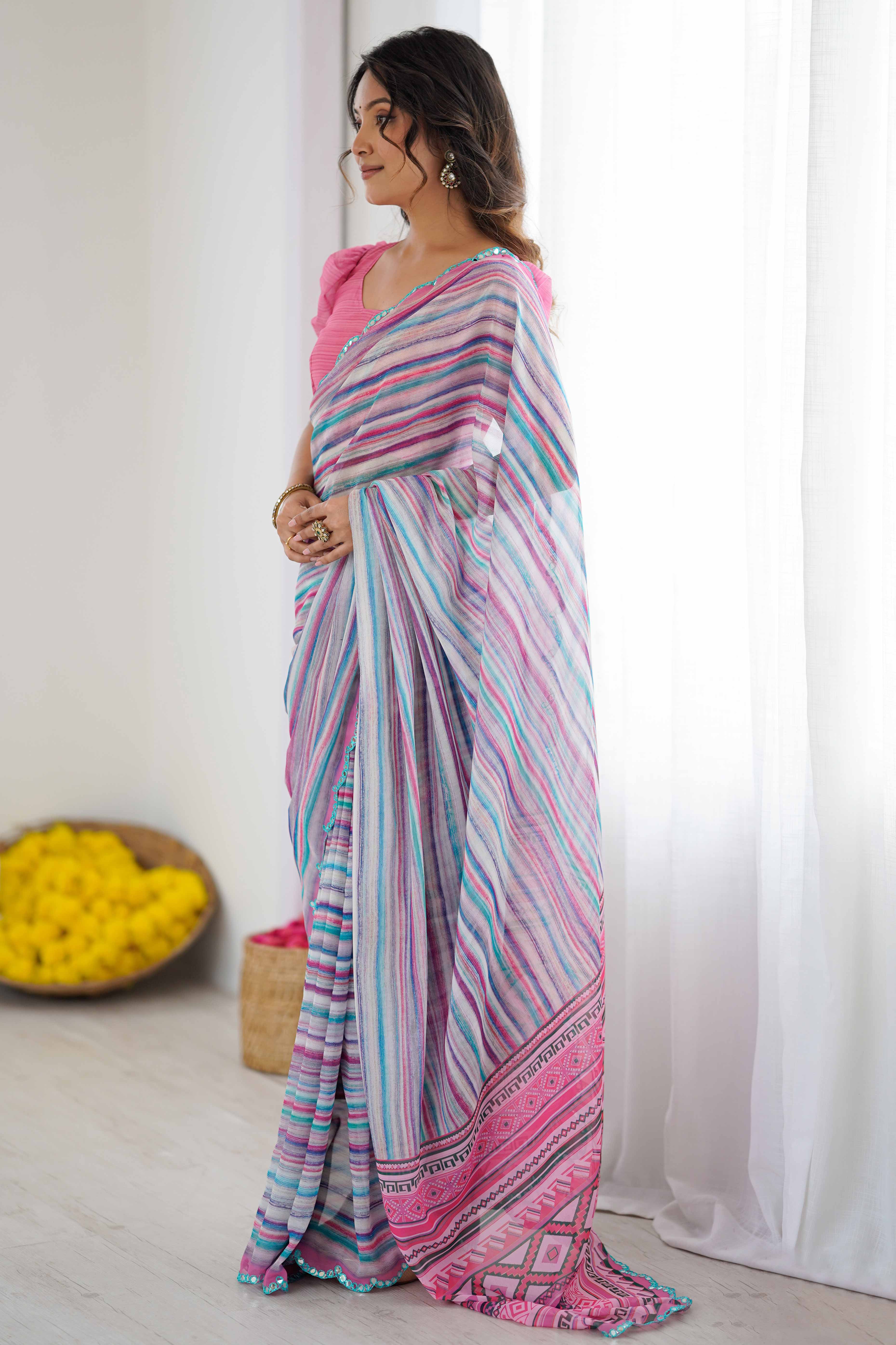 Multicolor Georgette Saree Featuring Digital Print & Mirror Embroidery Border