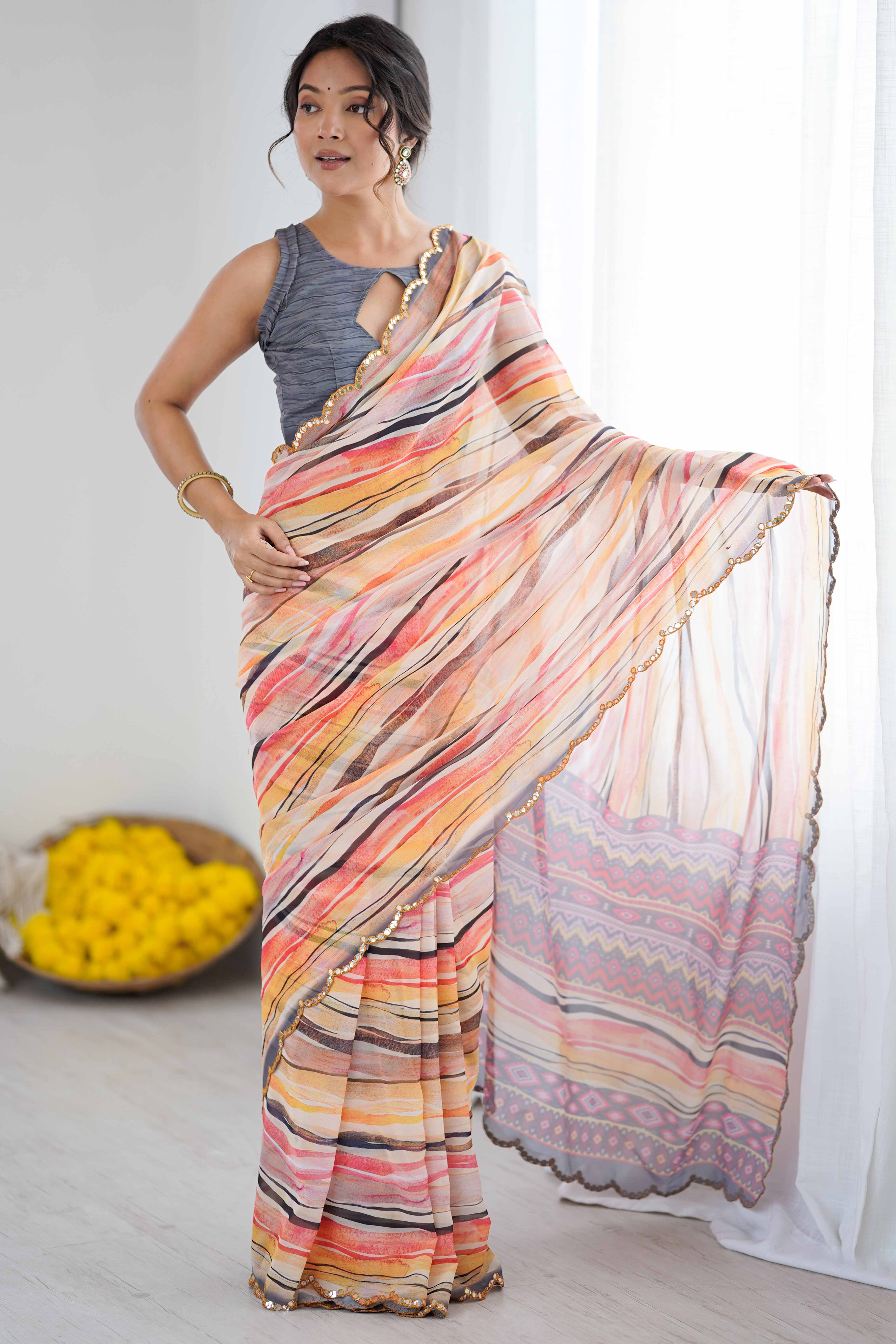 Orange Georgette Saree Featuring Digital Print & Mirror Embroidery Border