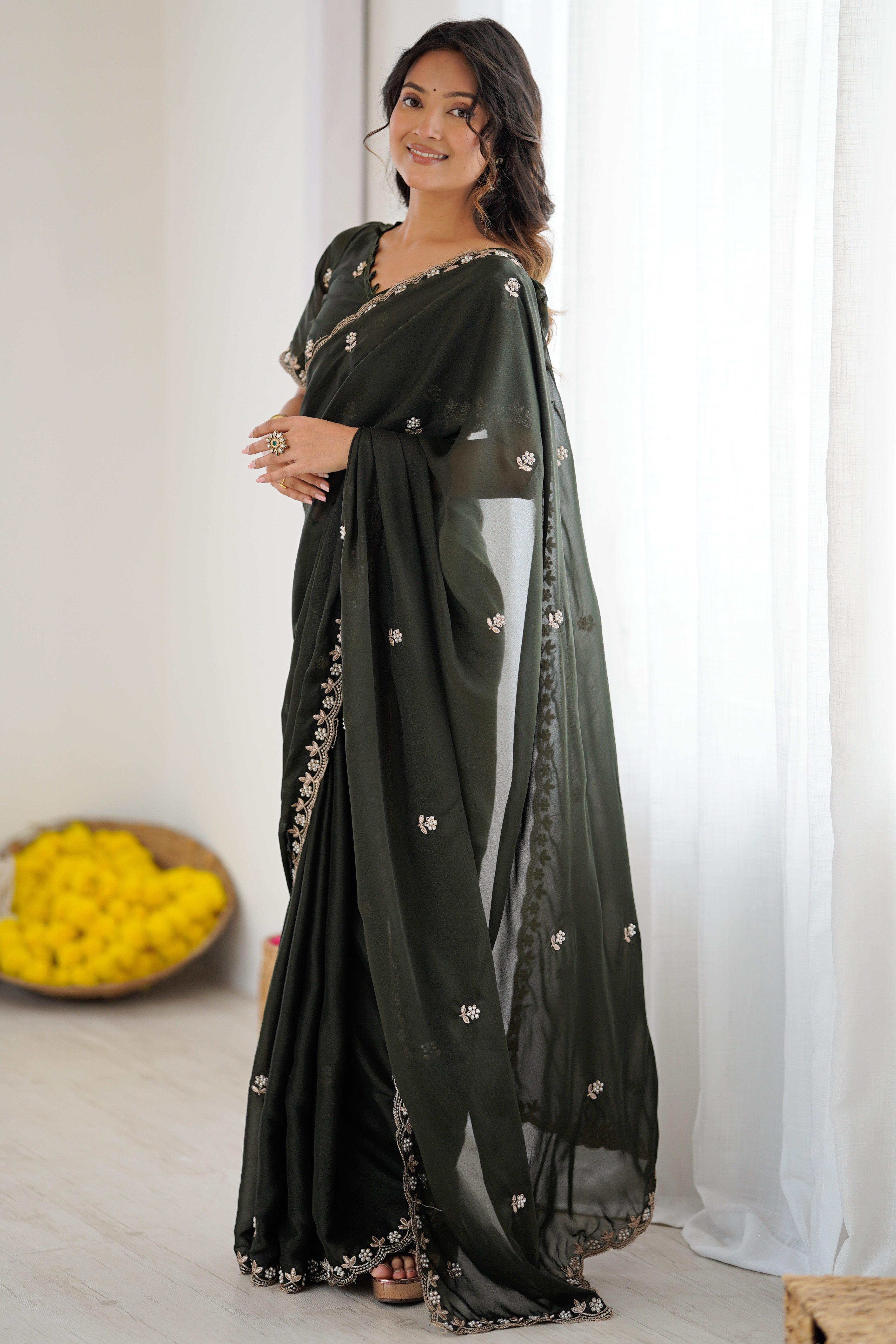 Mehendi Green Partywear Star Georgette Saree Adorned with Floral Embroidery and Beads Work