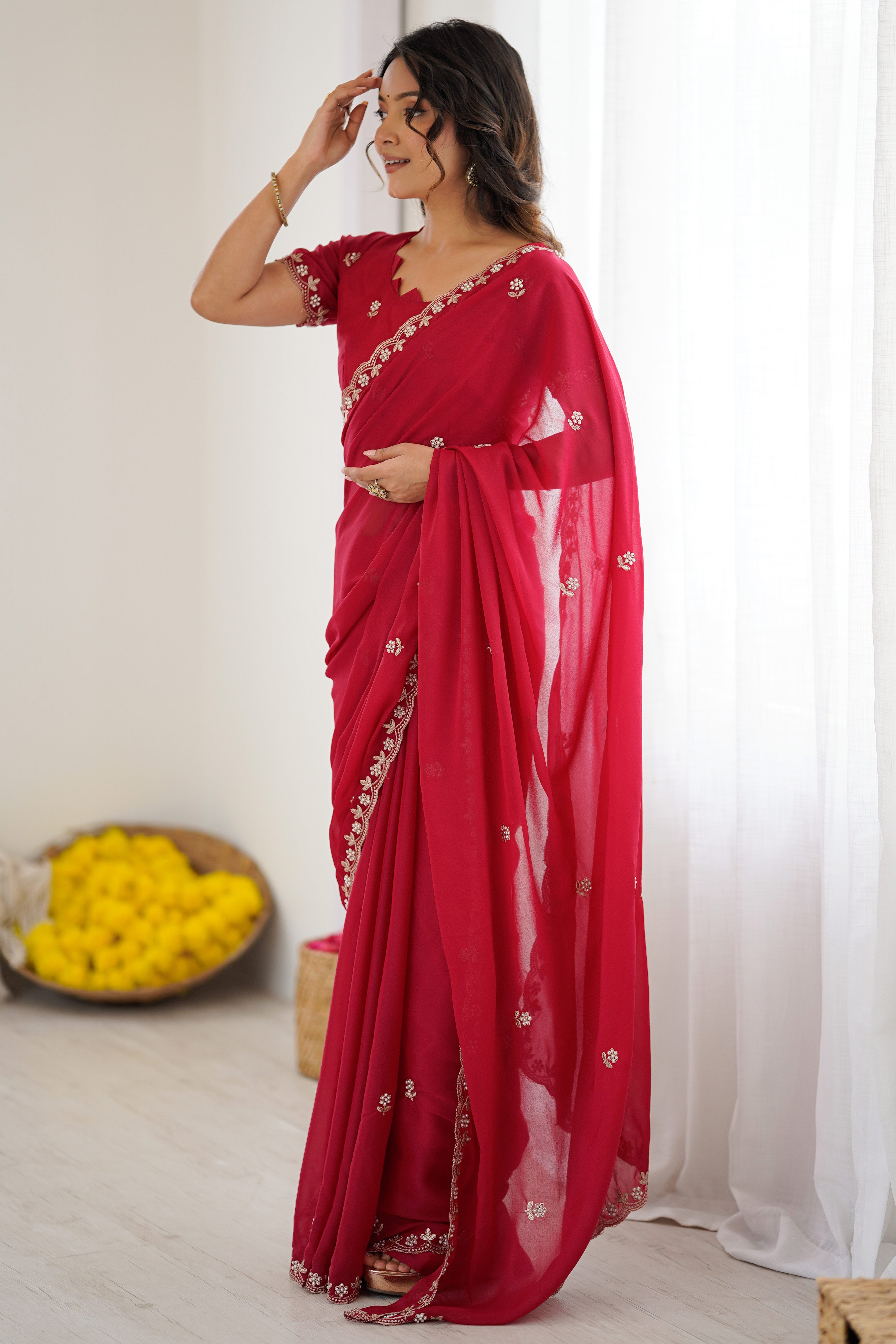Pink Partywear Star Georgette Saree Adorned with Floral Embroidery and Beads Work