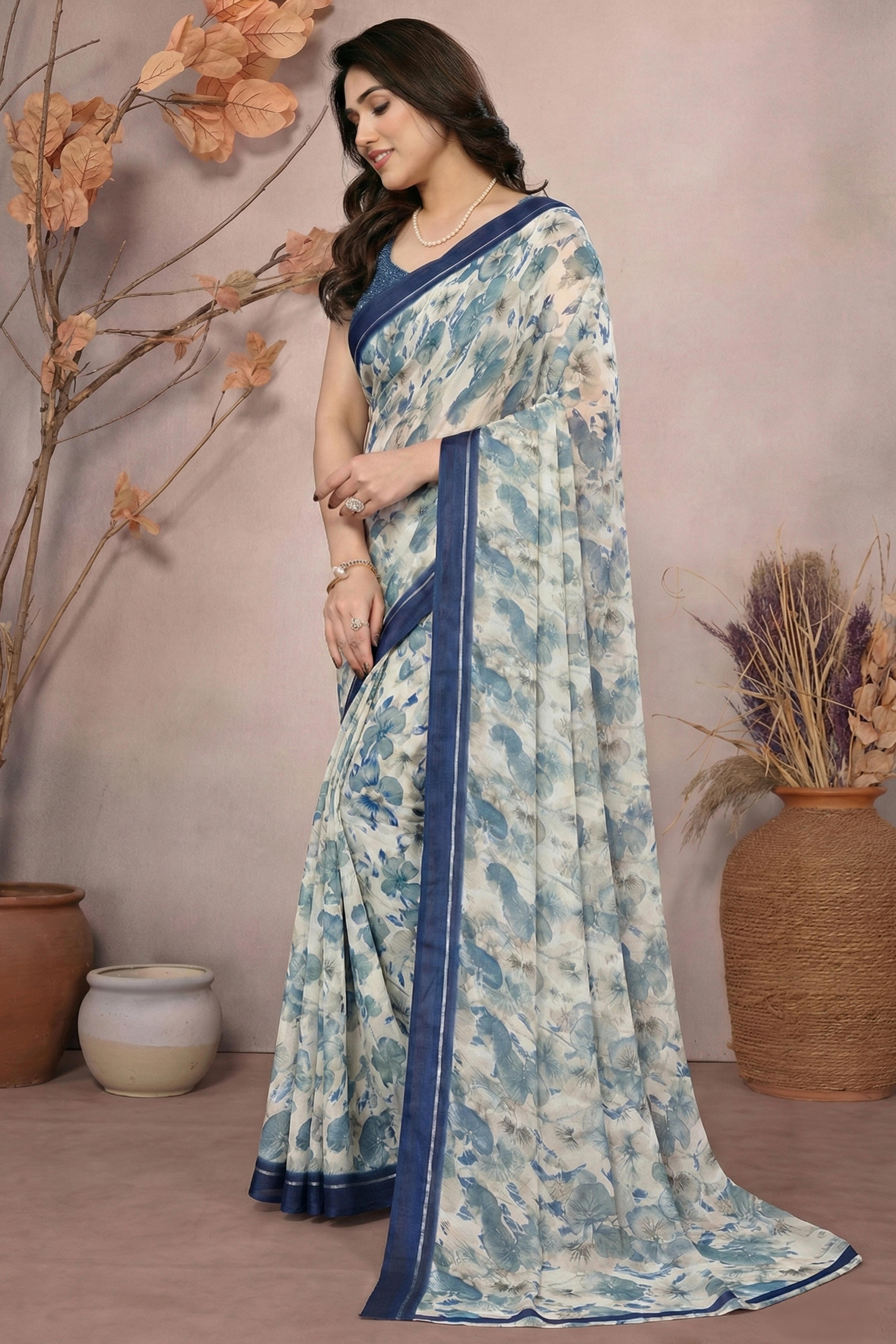 Timeless Blue Leaf Printed Moss Saree With A Sophisticated Satin Patta Border