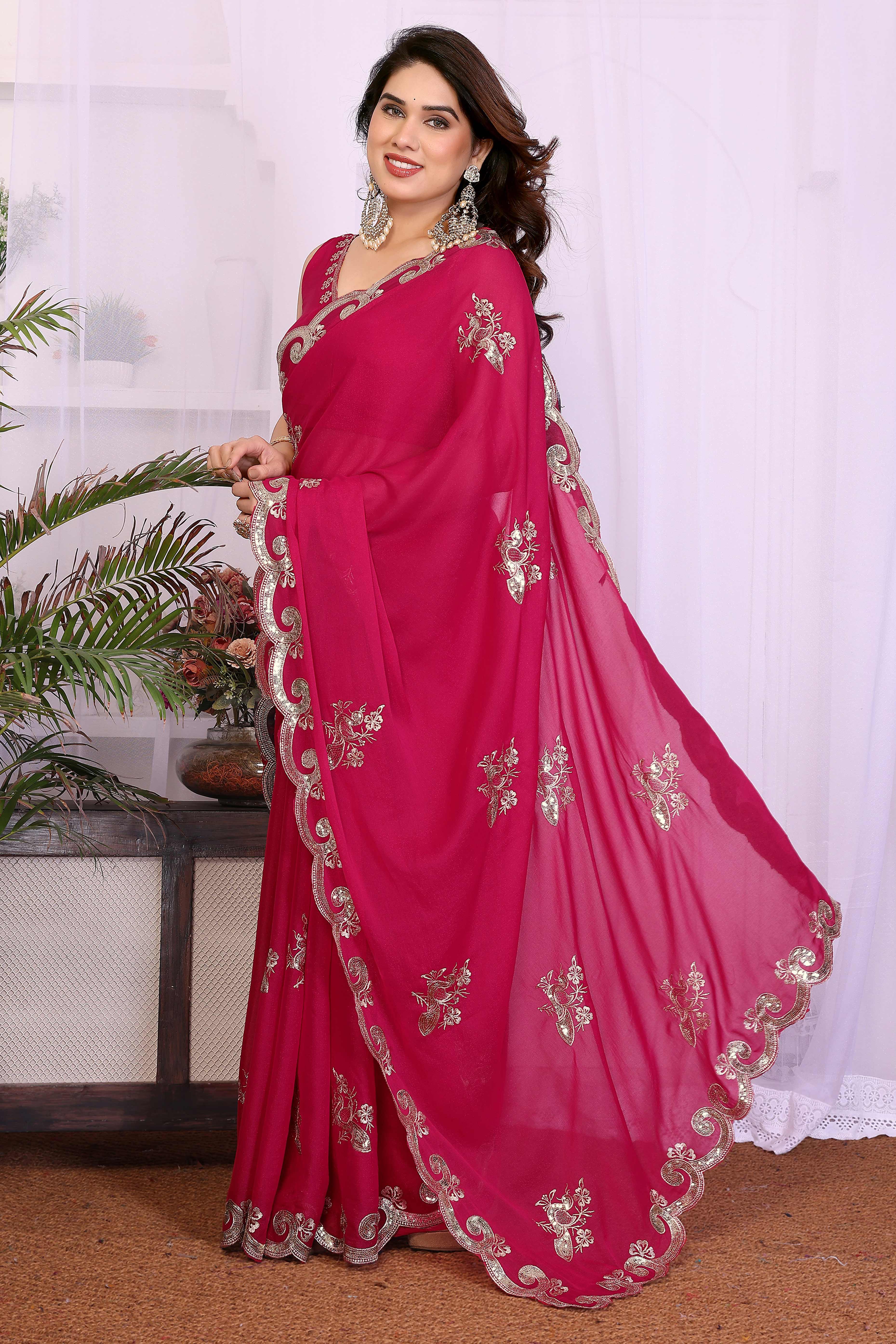 Charming Pink Floral & Peacock Motif Georgette Saree Enhanced With Sequins Embroidery