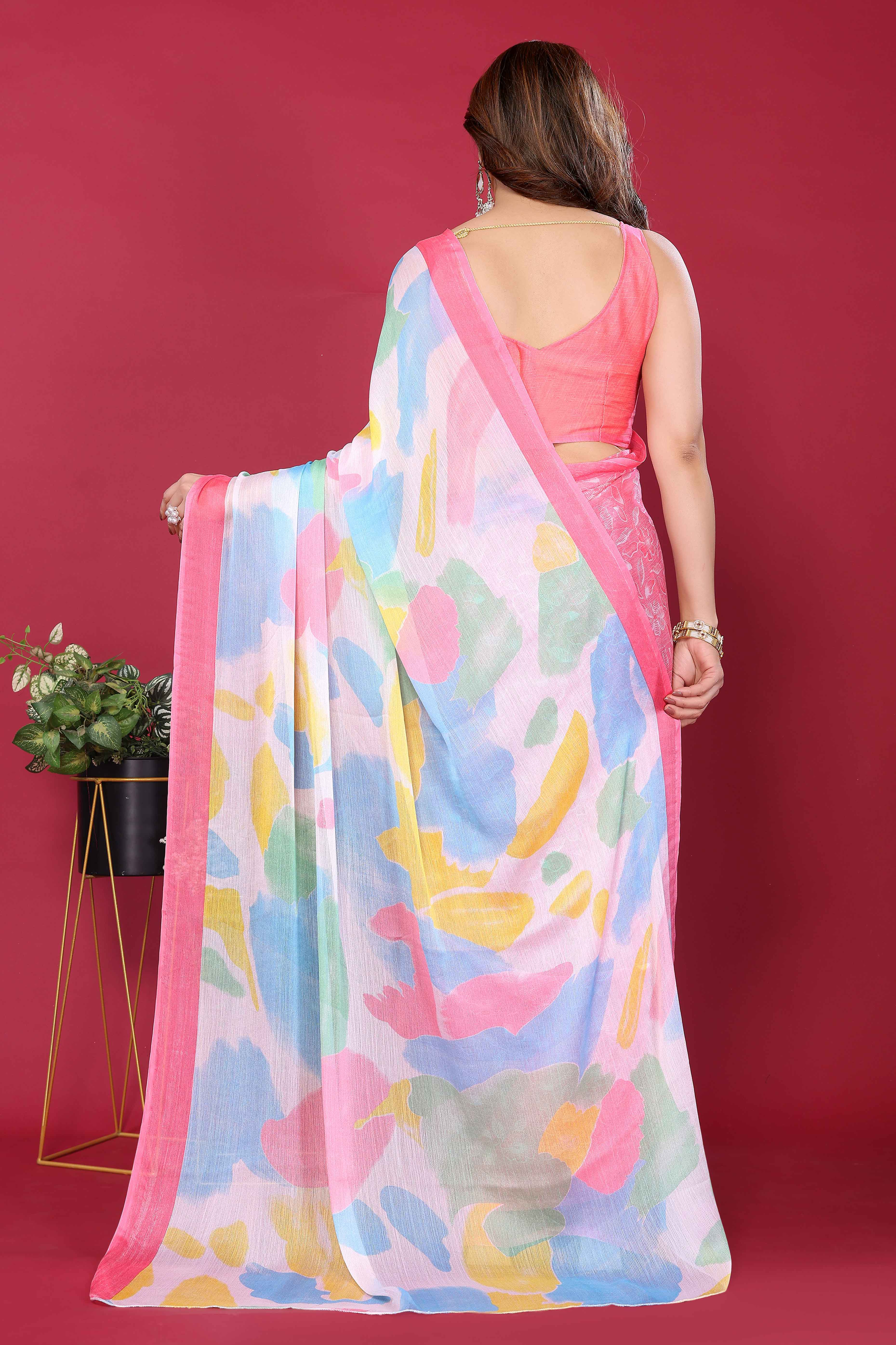 Elegant Gajri Pink Abstract Print Saree in Lightweight Chiffon