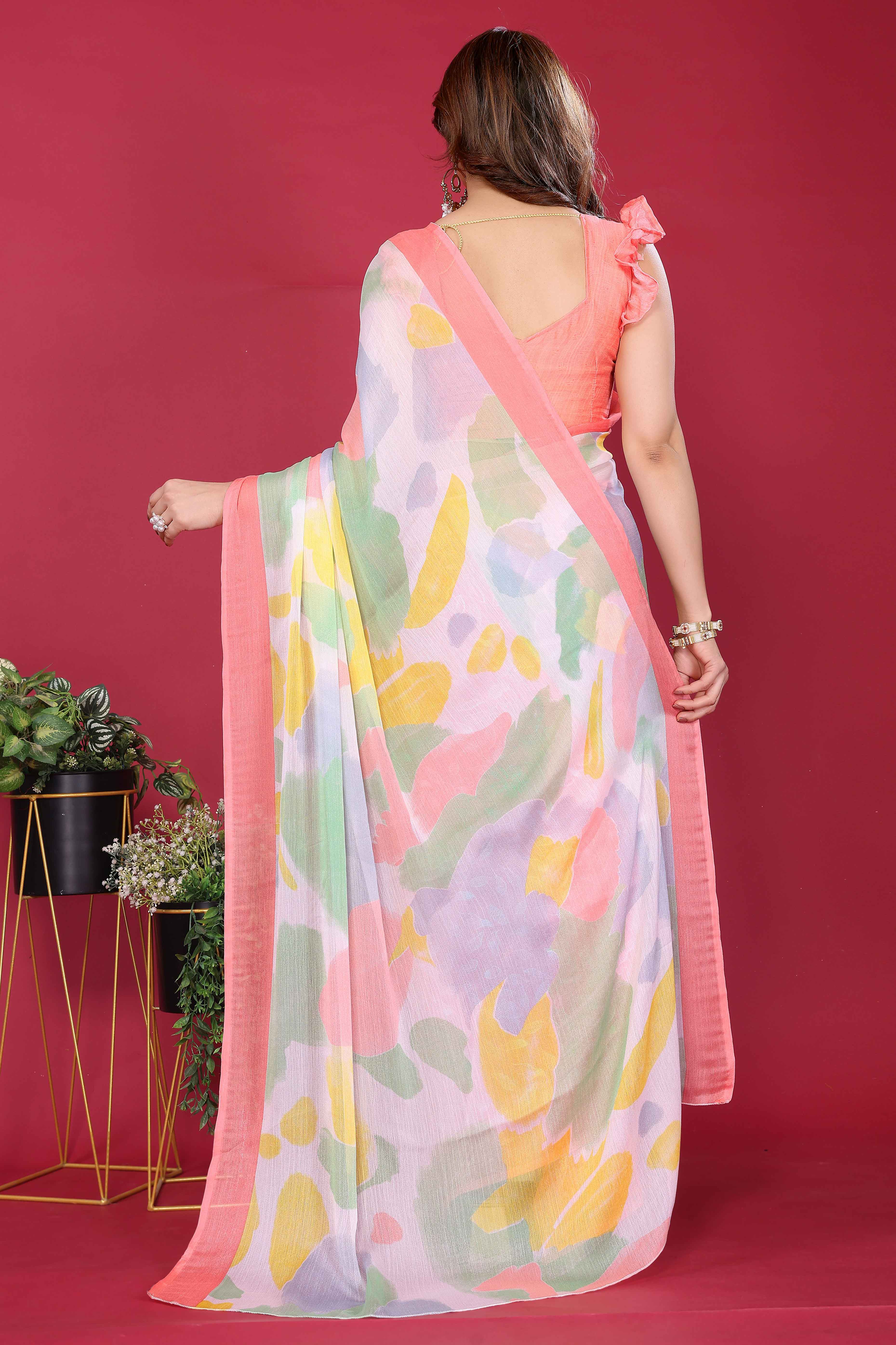 Elegant Peach Abstract Print Saree in Lightweight Chiffon