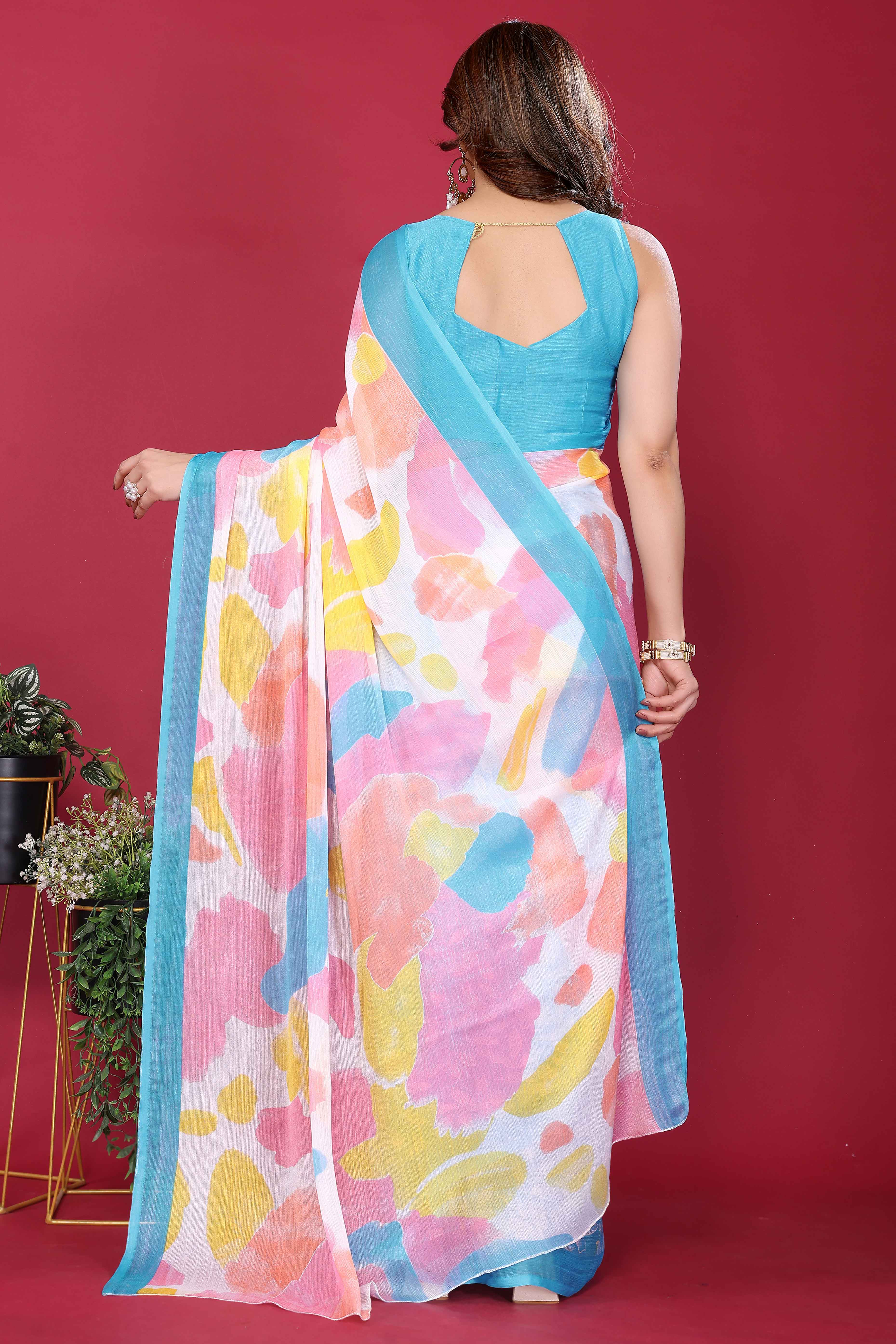 Elegant Sky Blue Abstract Print Saree in Lightweight Chiffon