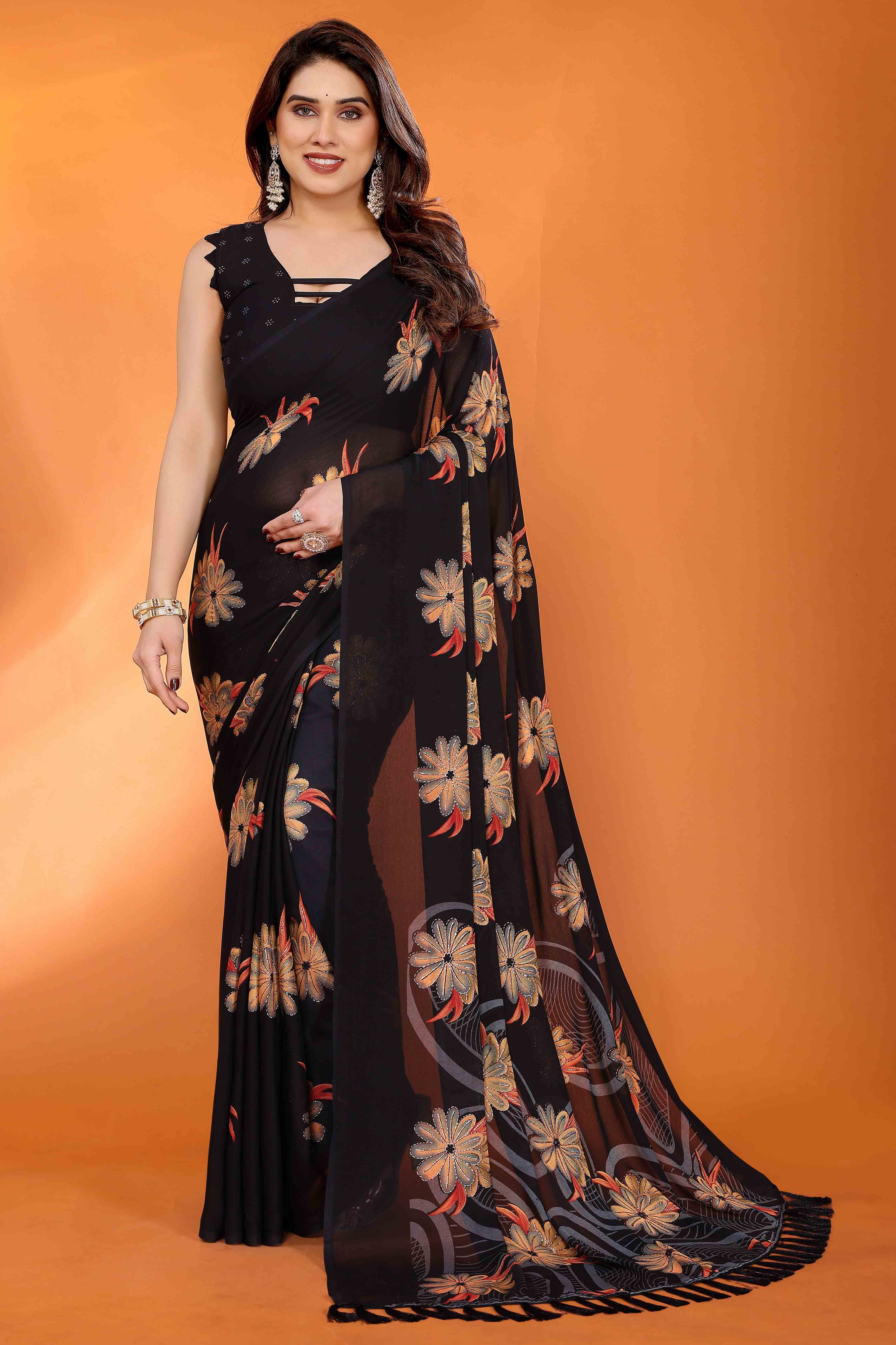 Black Printed Saree with Zari Woven Charm in Satin Fabric
