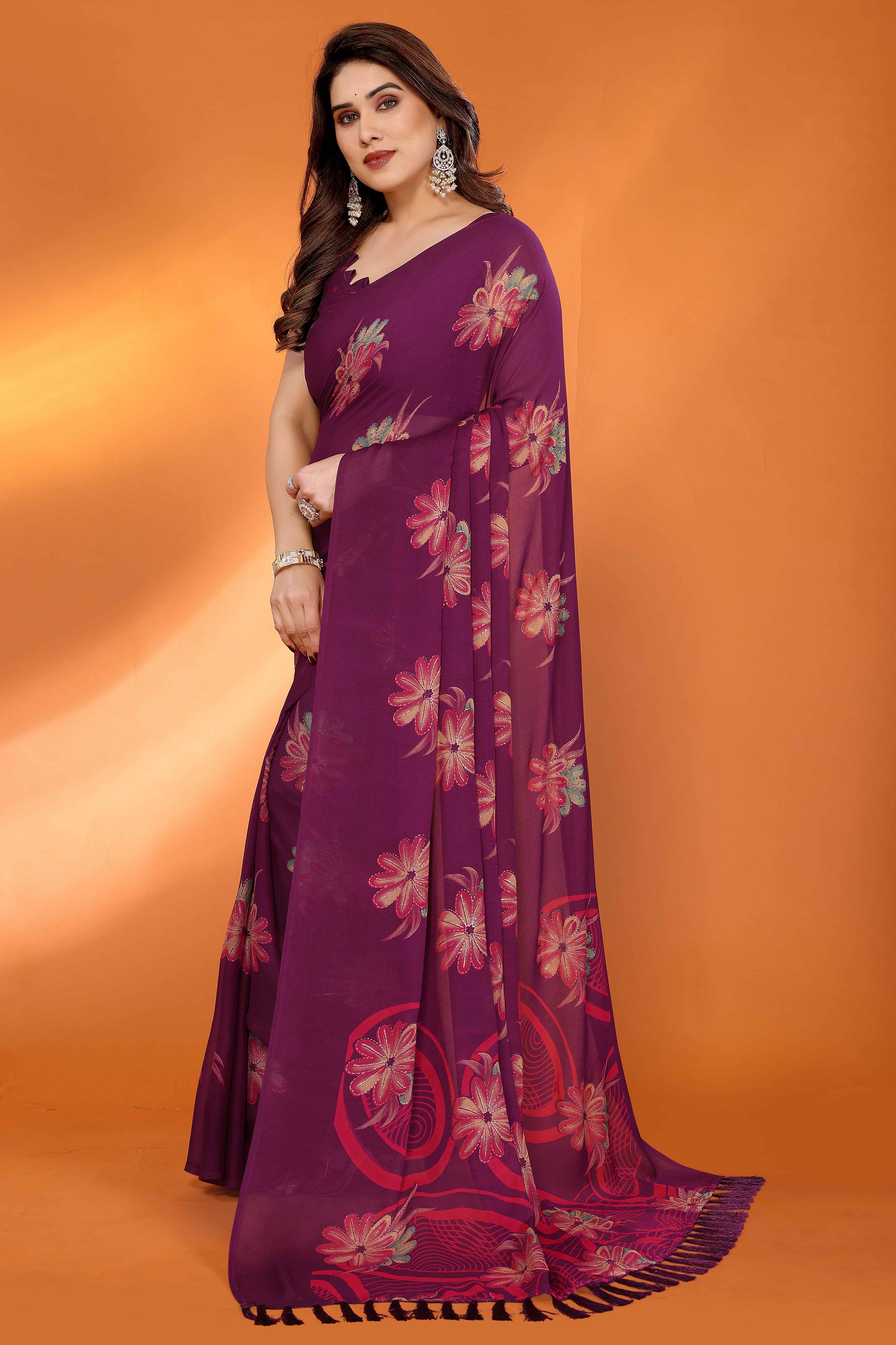 Dark Purple Printed Saree with Zari Woven Charm in Satin Fabric