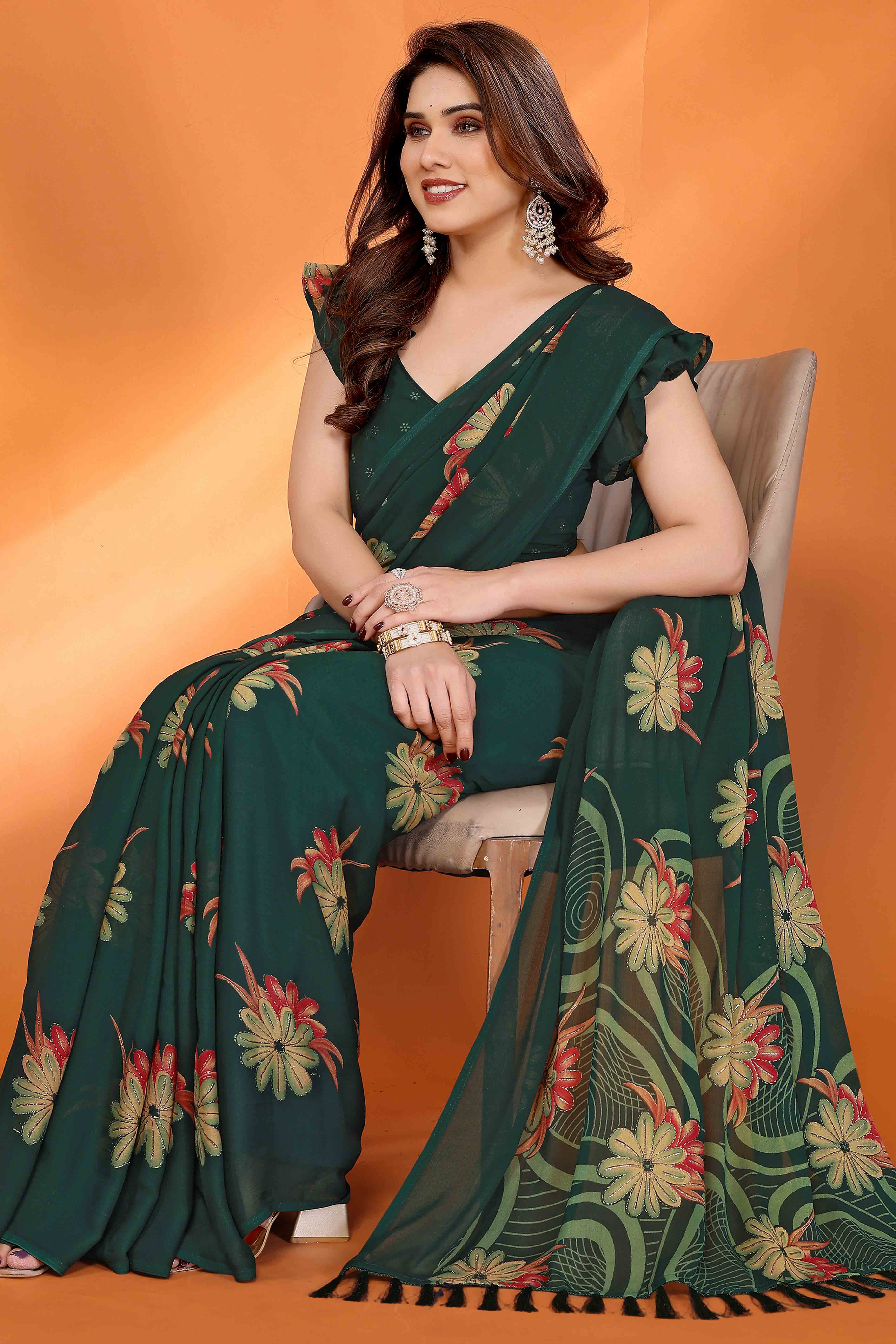 Green Printed Saree with Zari Woven Charm in Satin Fabric