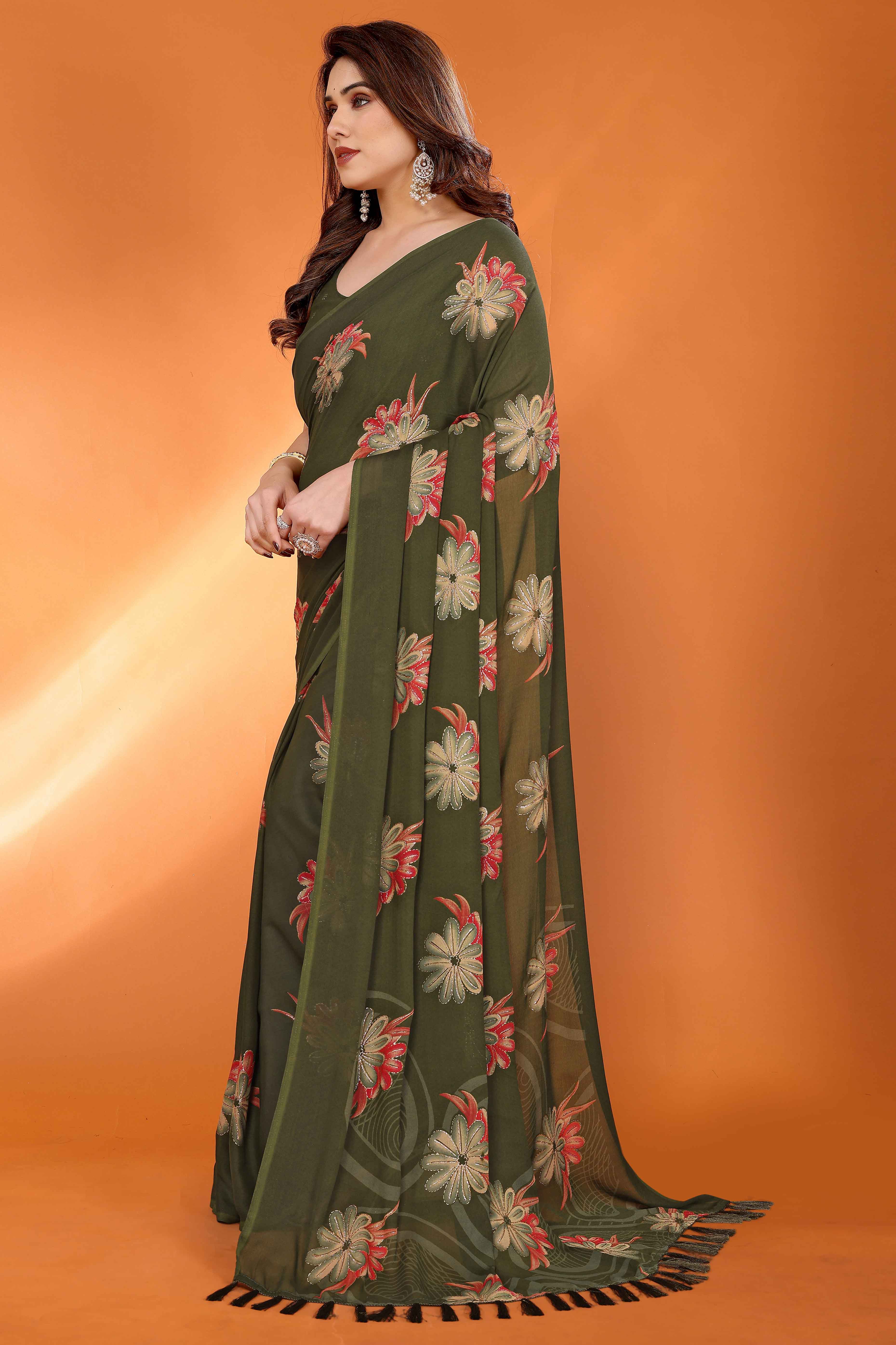 Mehendi Green Printed Saree with Zari Woven Charm in Satin Fabric