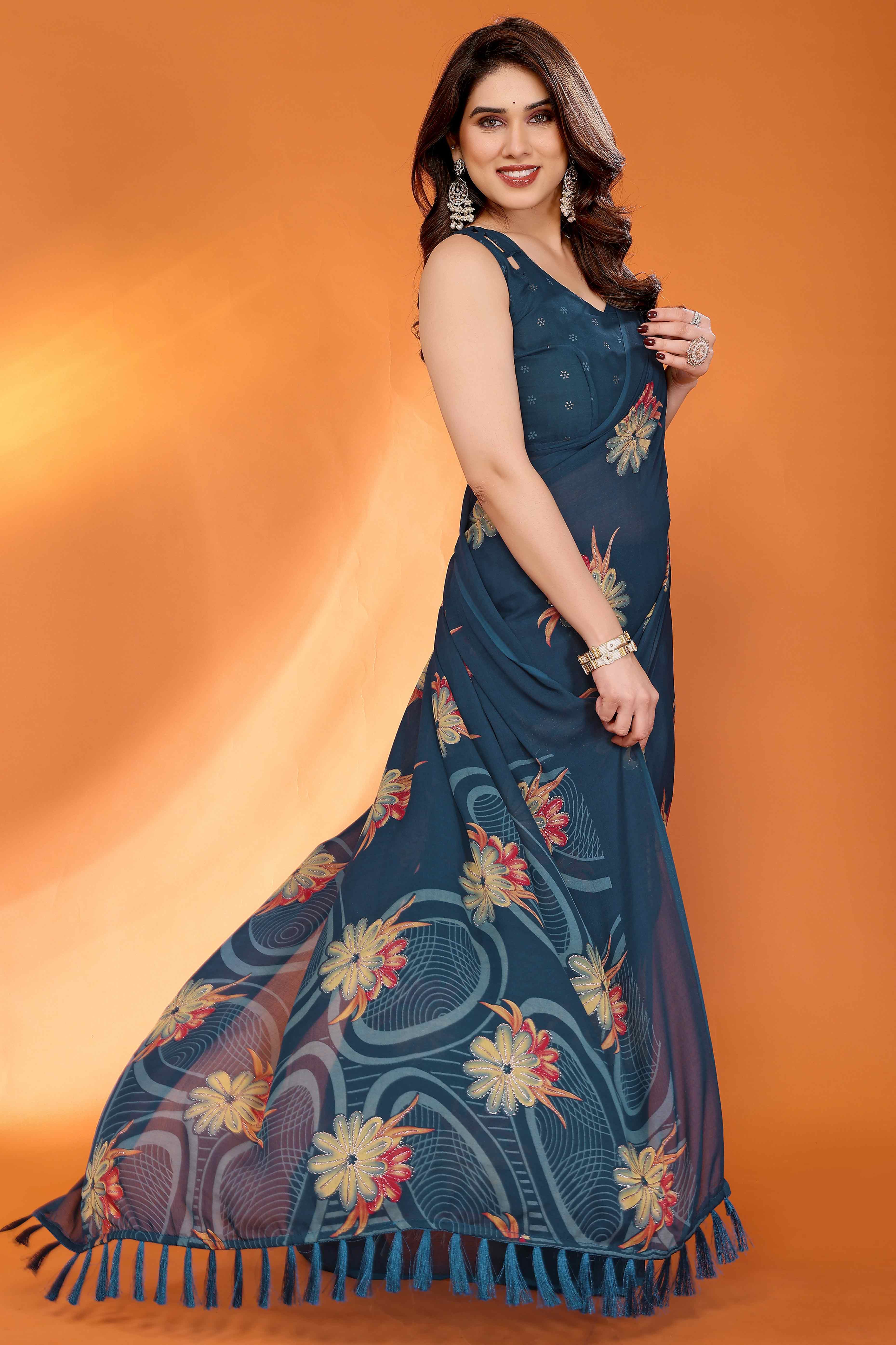 Teal Printed Saree with Zari Woven Charm in Satin Fabric