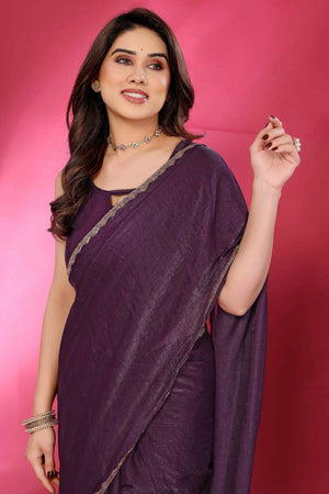 Party Wear Wine Chiffon Solid Saree with Delicate Border Embellishment