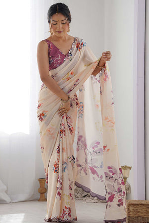 Cream Floral Digital Print Georgette Saree Enhanced With A Sparkling Lace Border