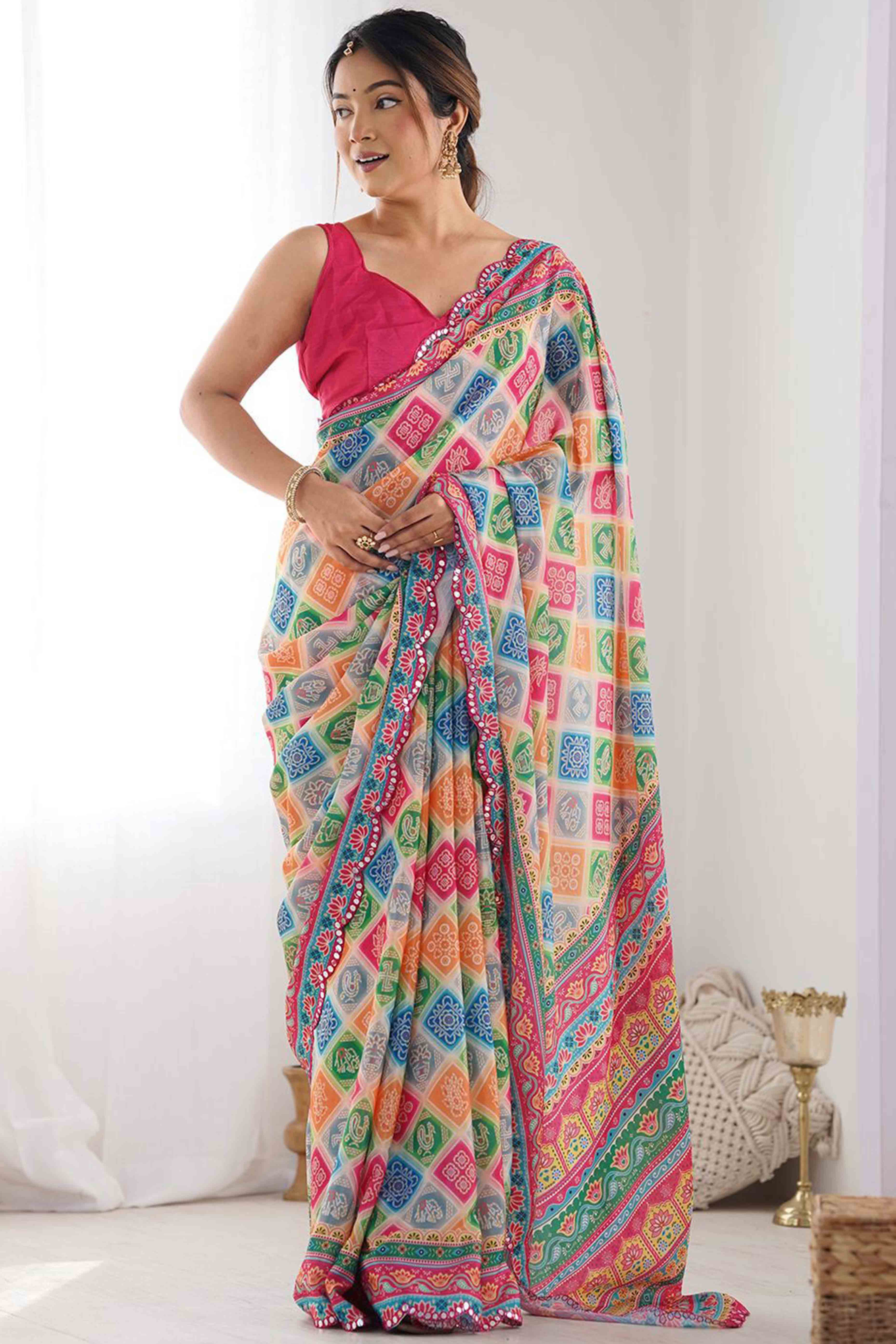 Multicolor Digital Print Georgette Saree Enhanced With A Sparkling Lace Border