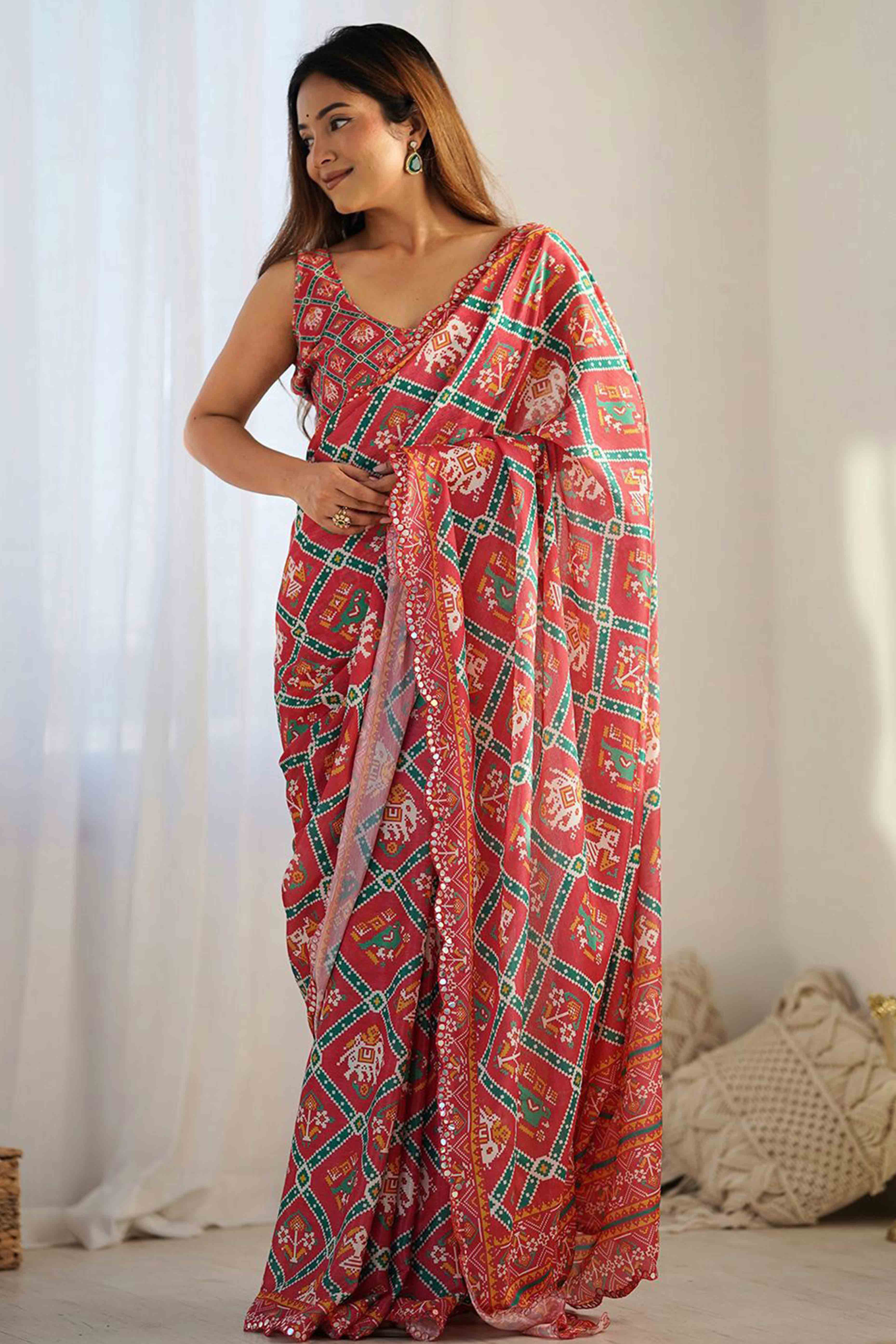 Red Digital Print Georgette Saree Enhanced With A Sparkling Lace Border