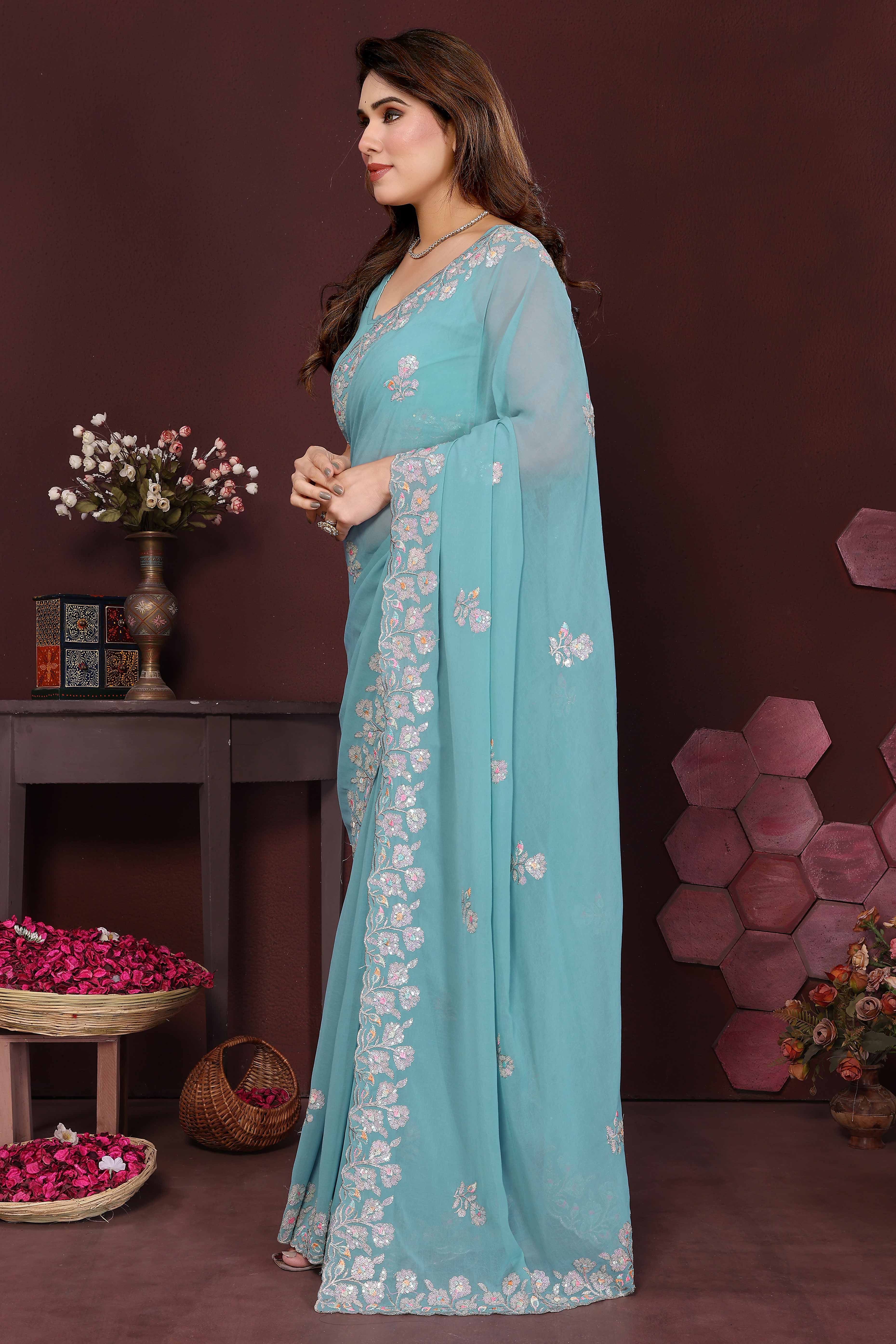 Blue Georgette Saree Featuring Intricate Floral Sequin Embroidery