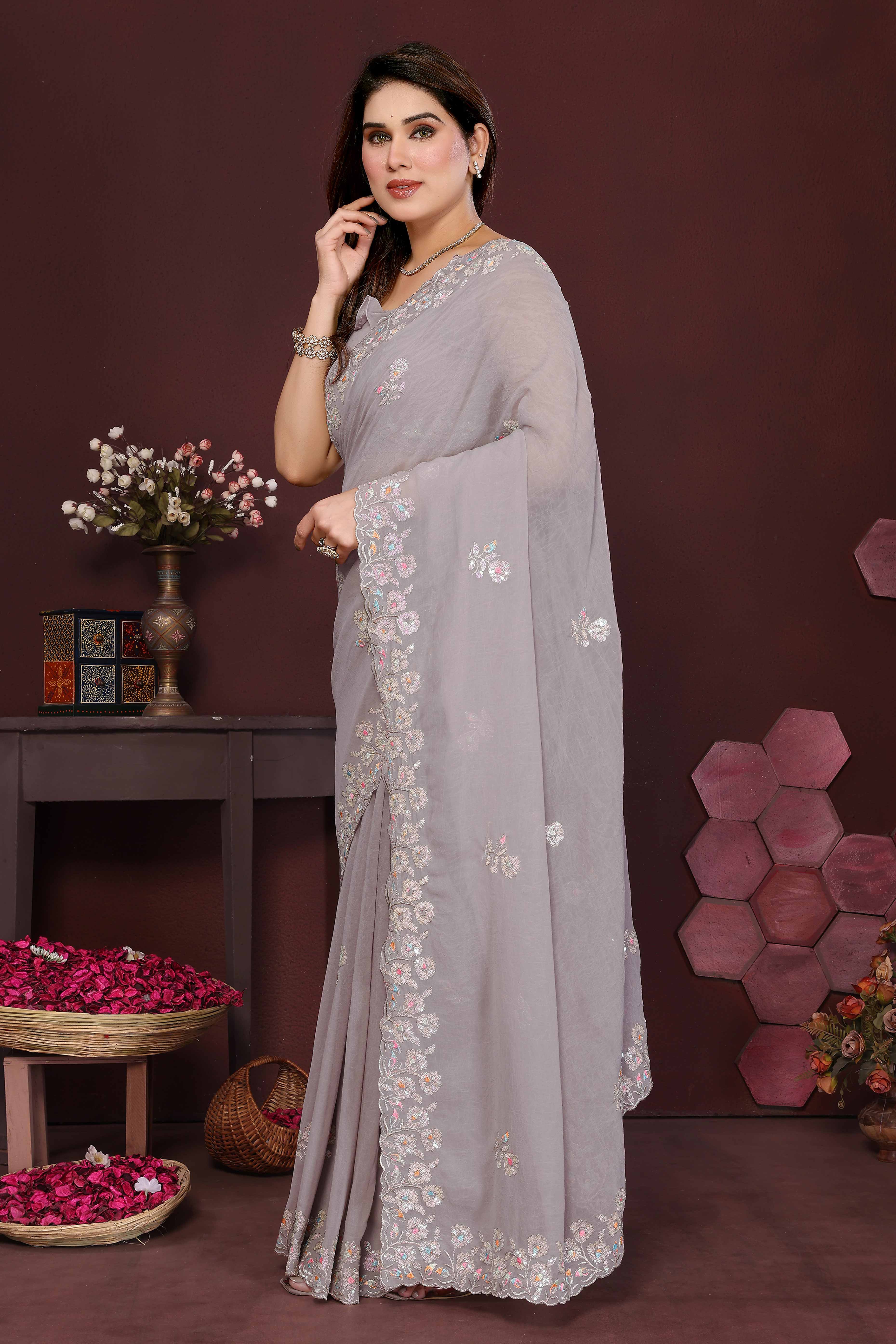 Grey Georgette Saree Featuring Intricate Floral Sequin Embroidery