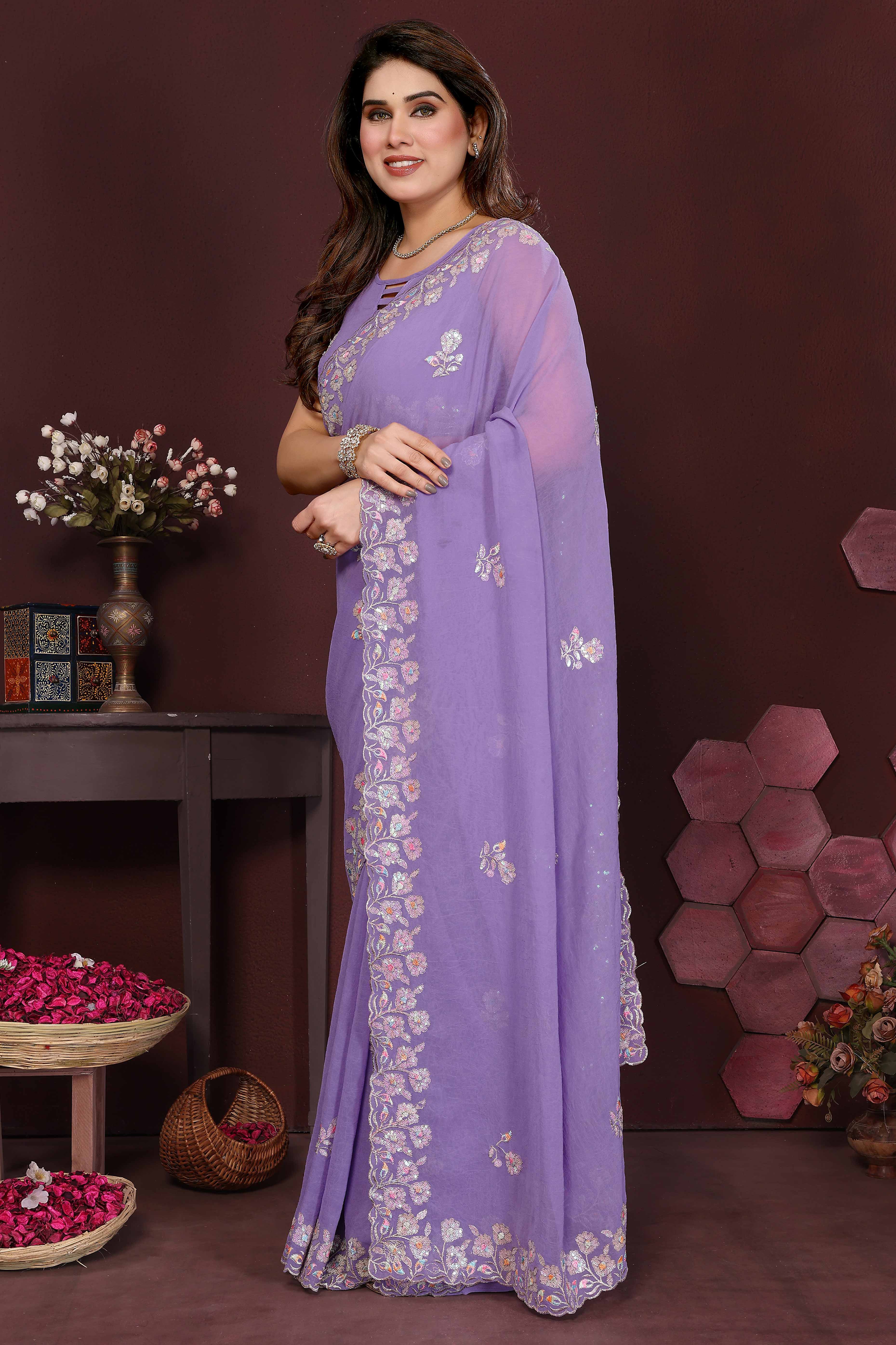 Lavender Georgette Saree Featuring Intricate Floral Sequin Embroidery