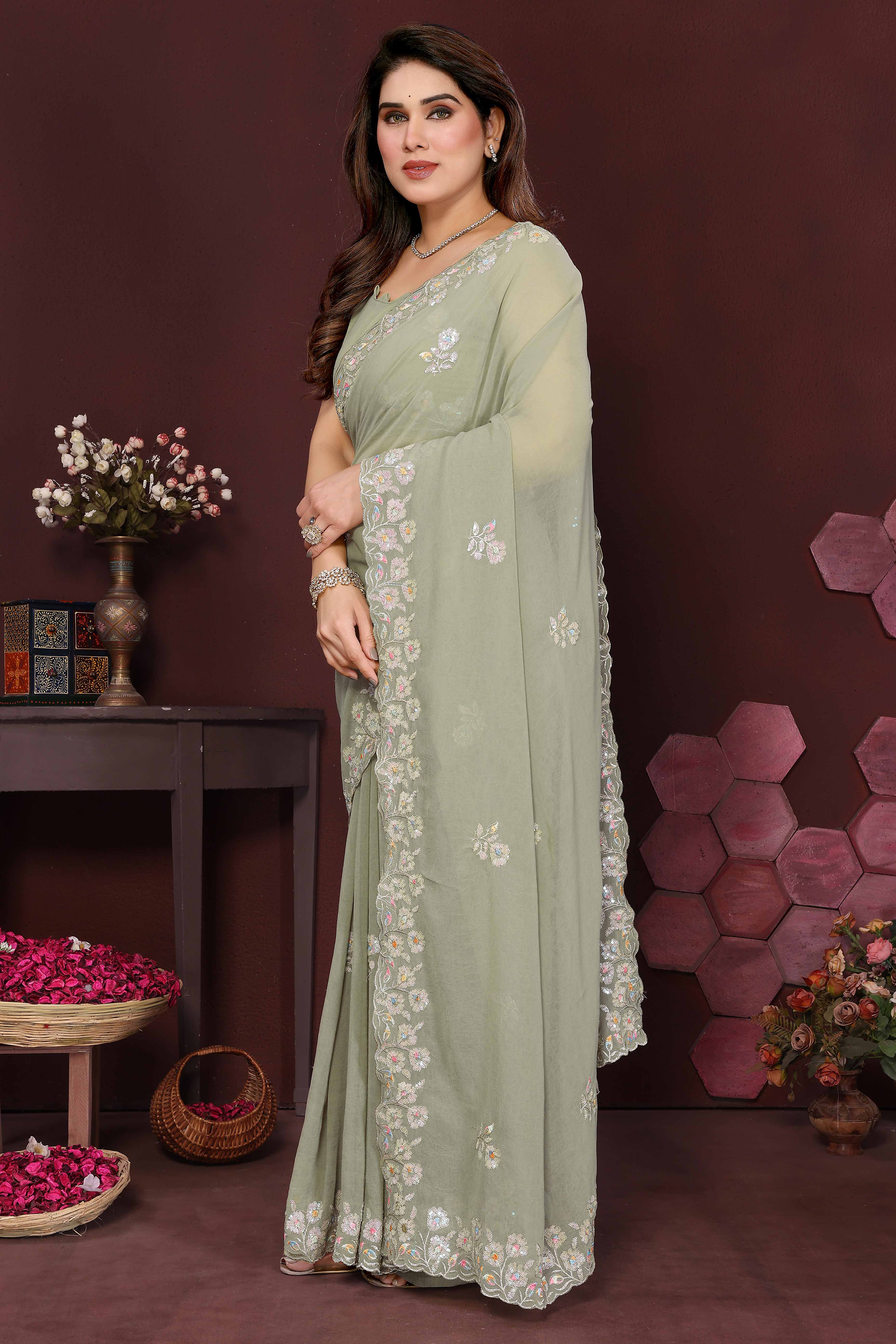 Pista Green Georgette Saree Featuring Intricate Floral Sequin Embroidery