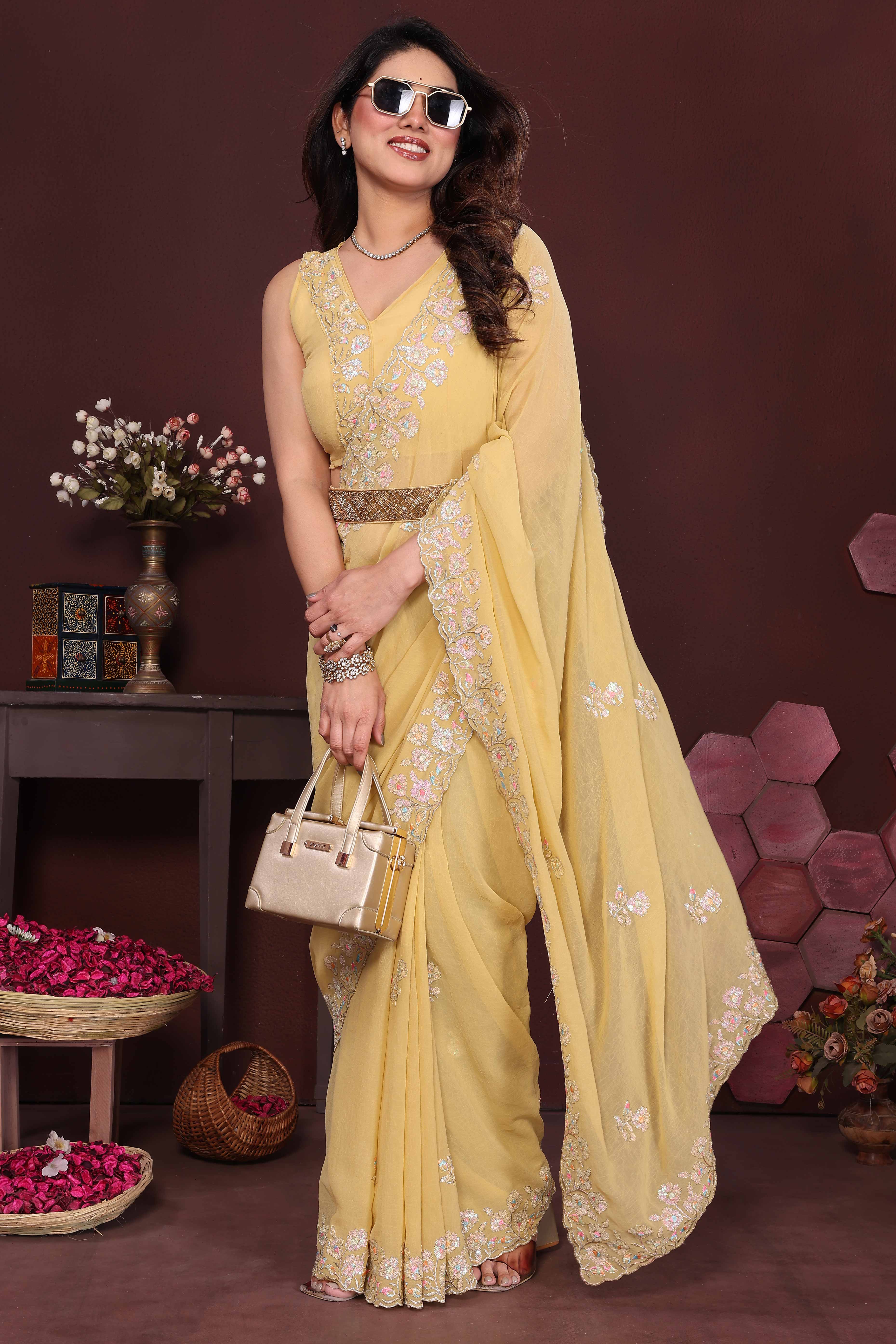 Yellow Georgette Saree Featuring Intricate Floral Sequin Embroidery