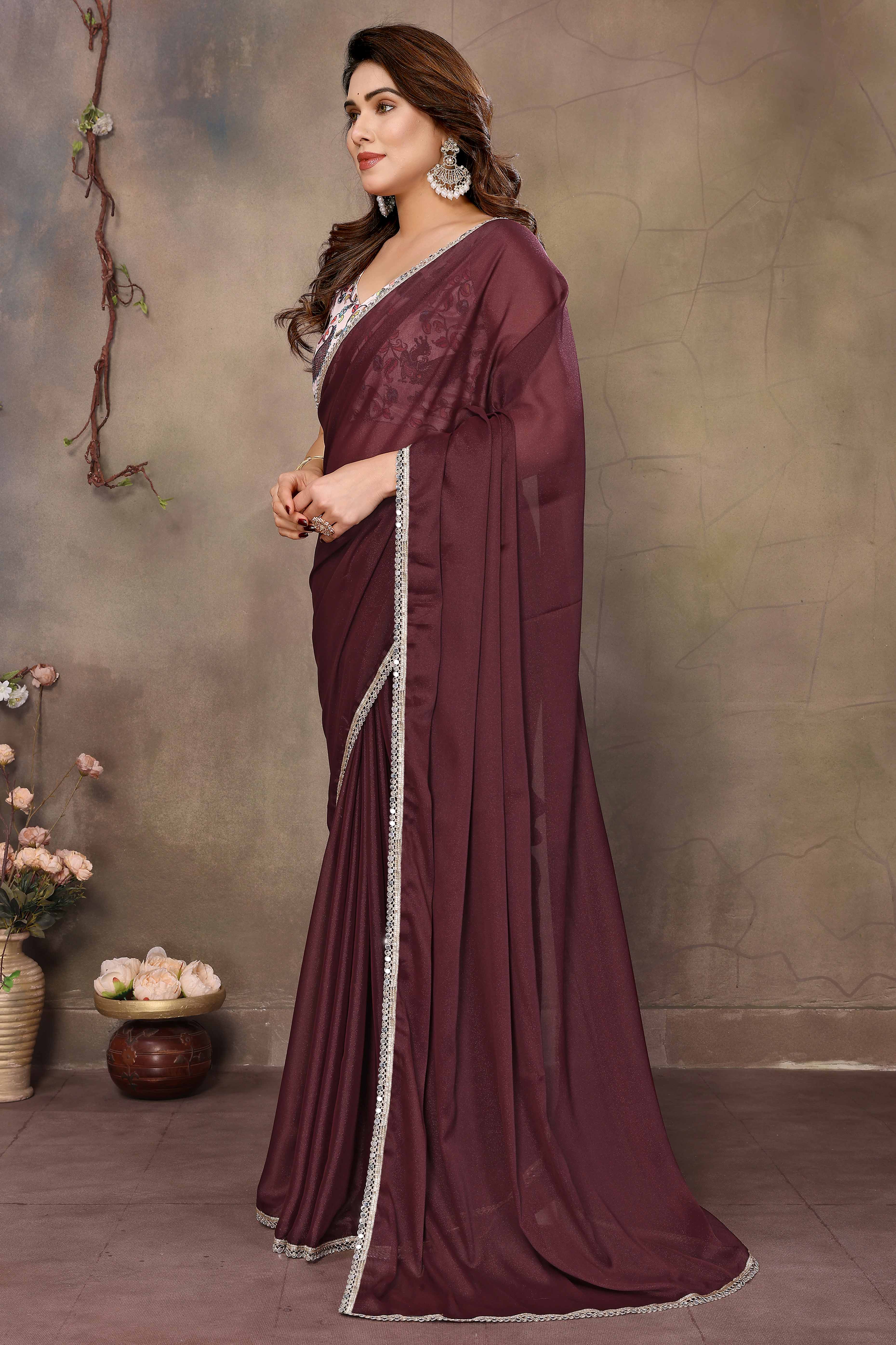 Burgundy Solid Sparkling Georgette Saree Enhanced With Shimmering Mirror Border