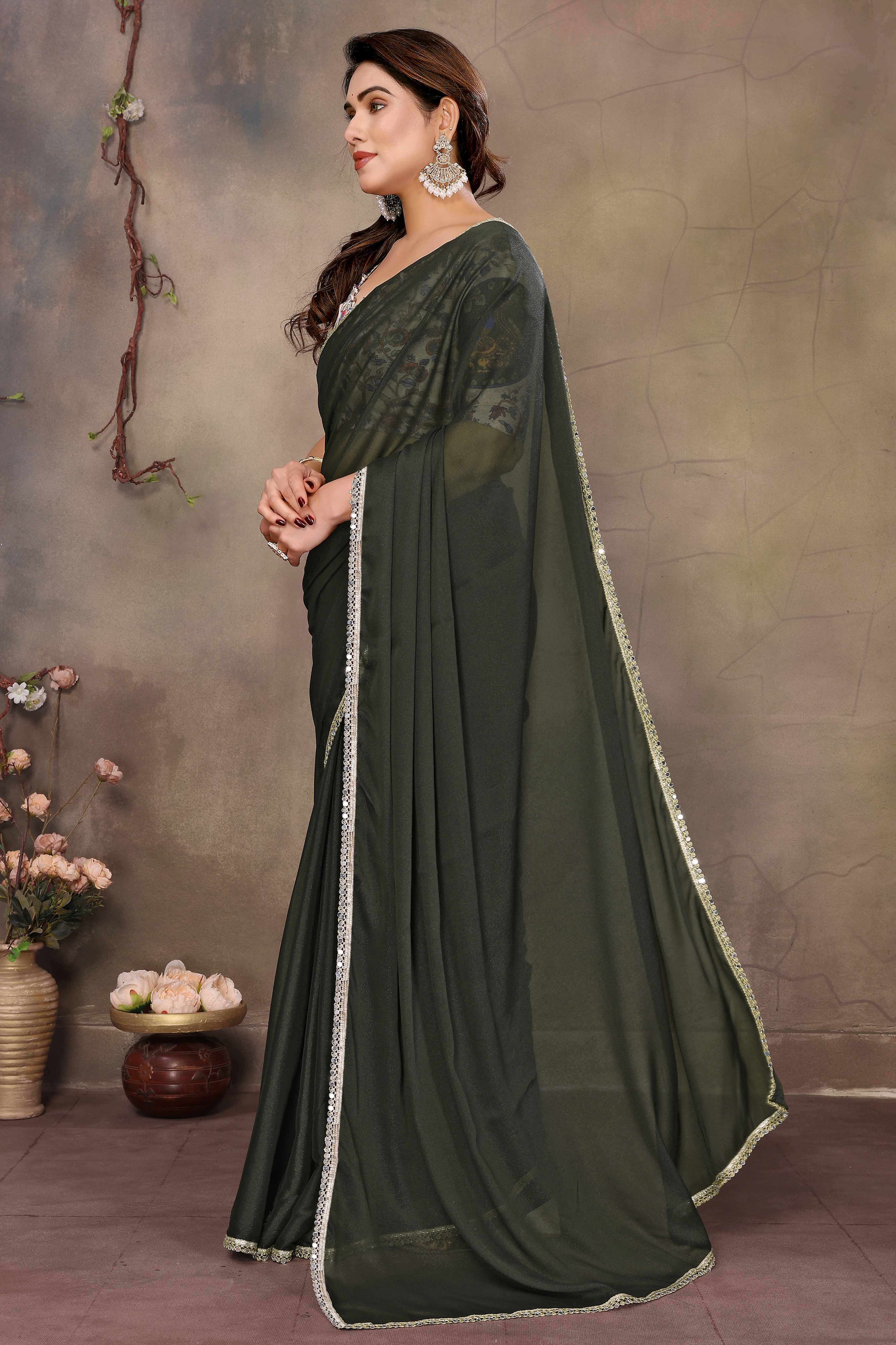 Mehendi Green Solid Sparkling Georgette Saree Enhanced With Shimmering Mirror Border