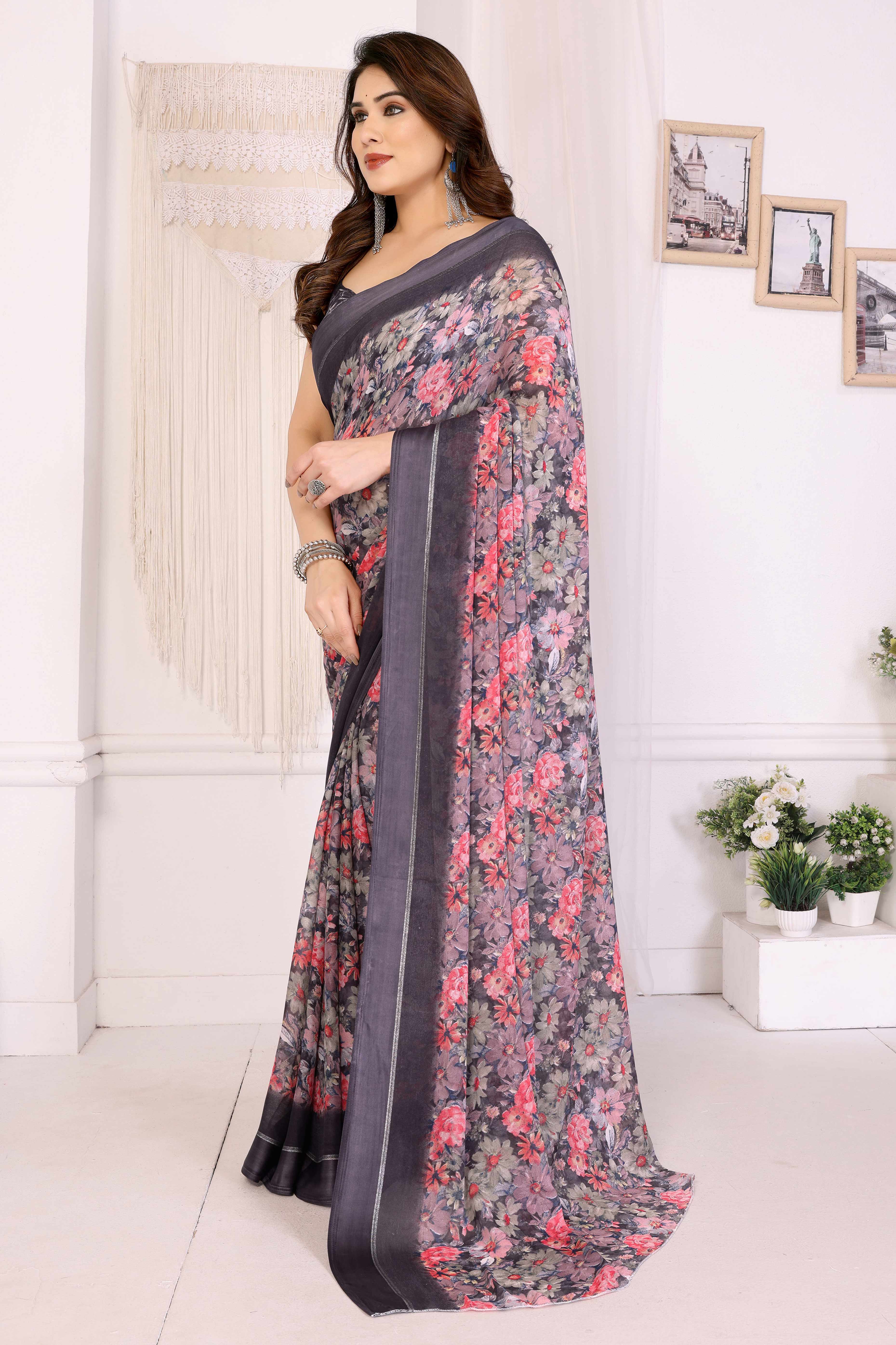 Black Moss Satin Saree With Blooming Floral Print Design