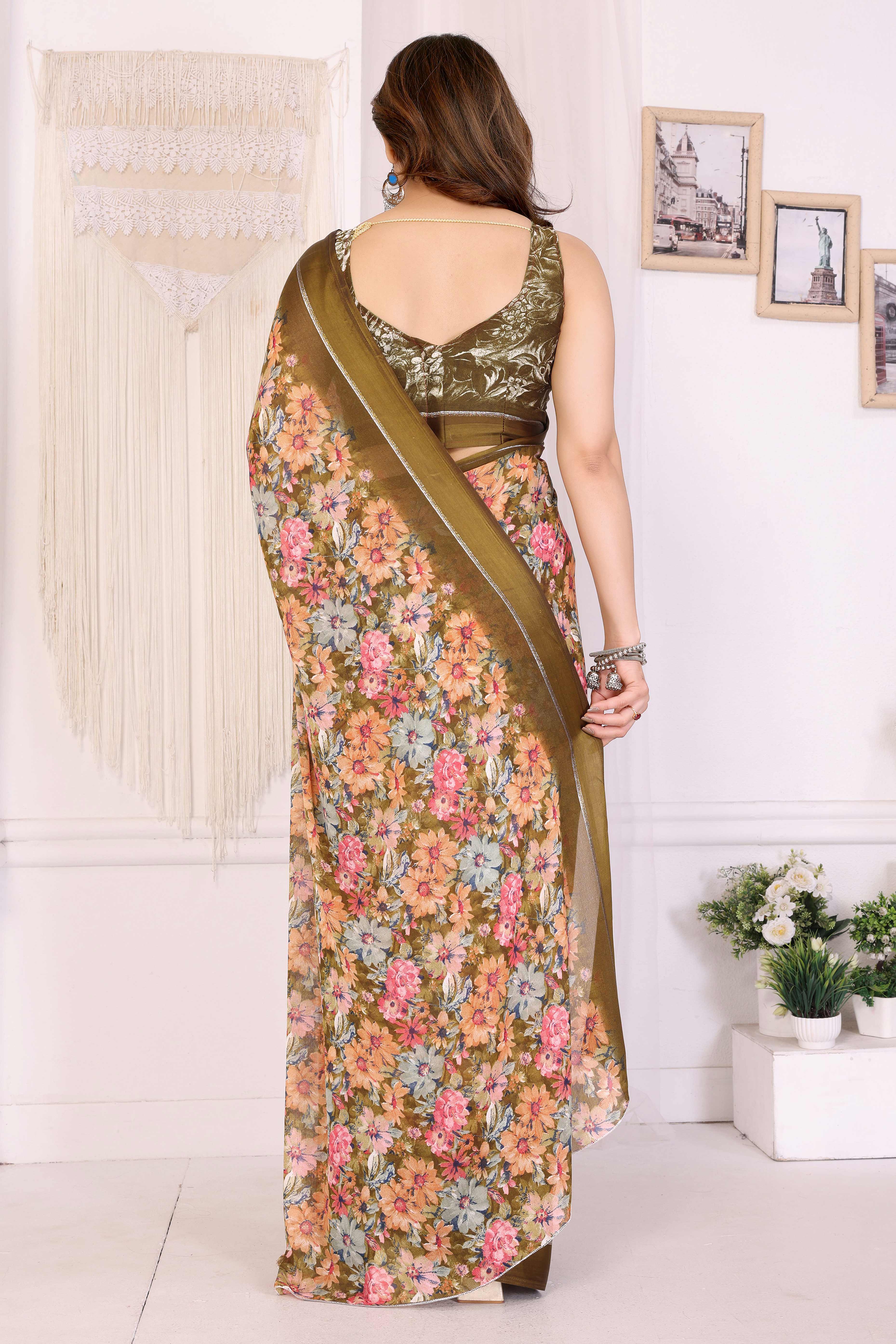 Dark Olive Moss Satin Saree With Blooming Floral Print Design