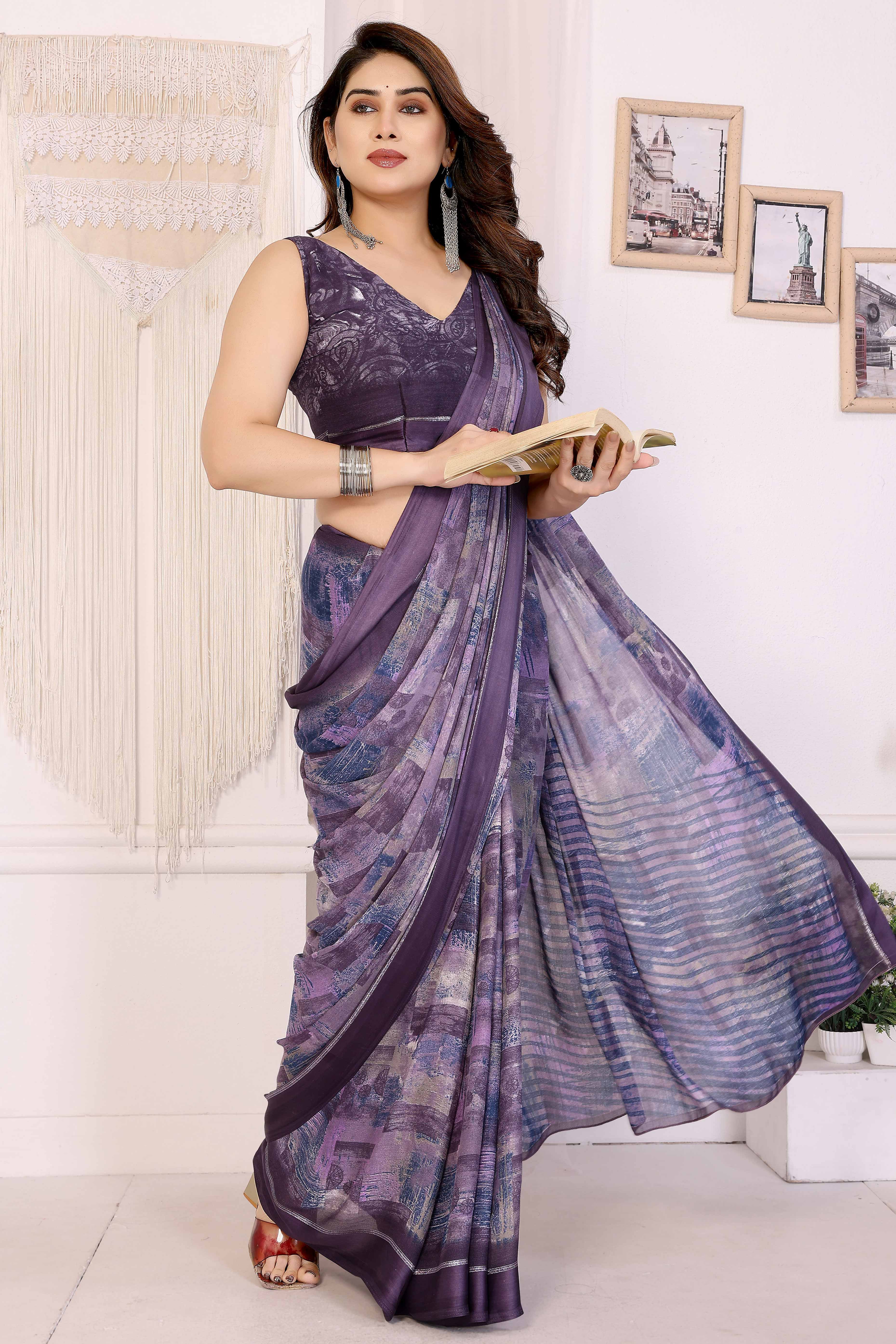 Trendy Purple Saree in Moss Satin with Floral Print Detailing