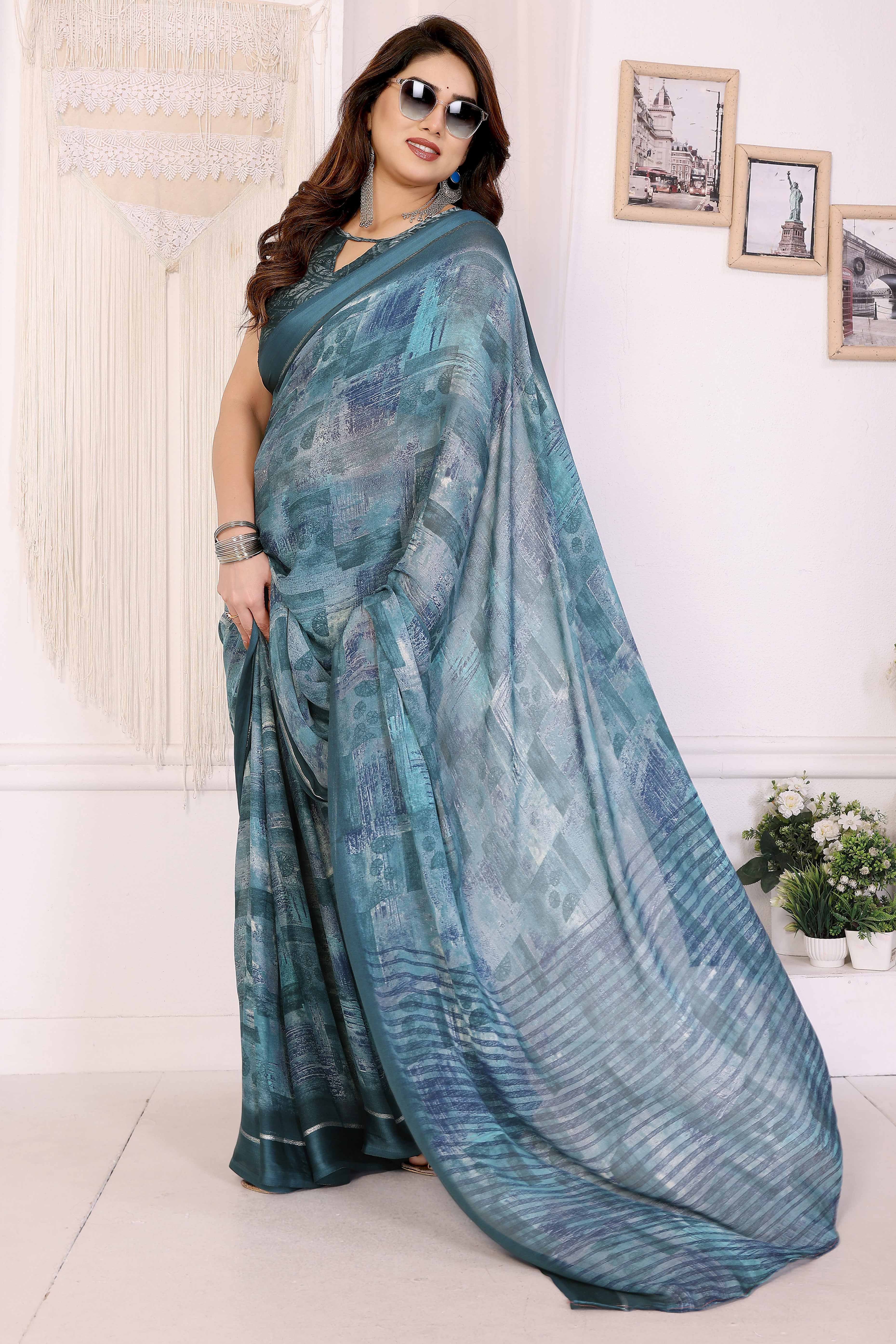 Trendy Teal Saree in Moss Satin with Floral Print Detailing