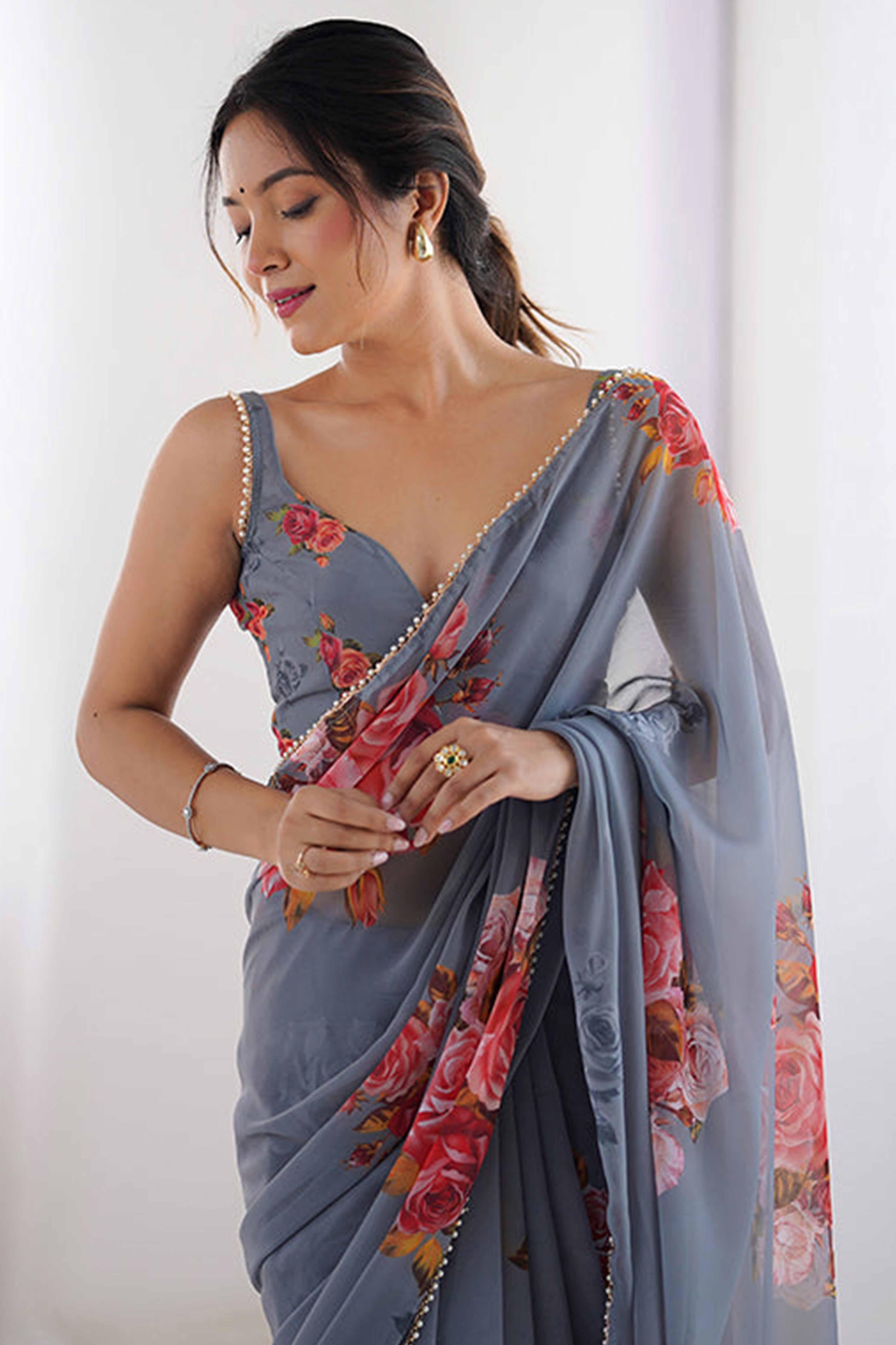 Partywear Grey Georgette Saree with Floral Prints and Bead Work Lace