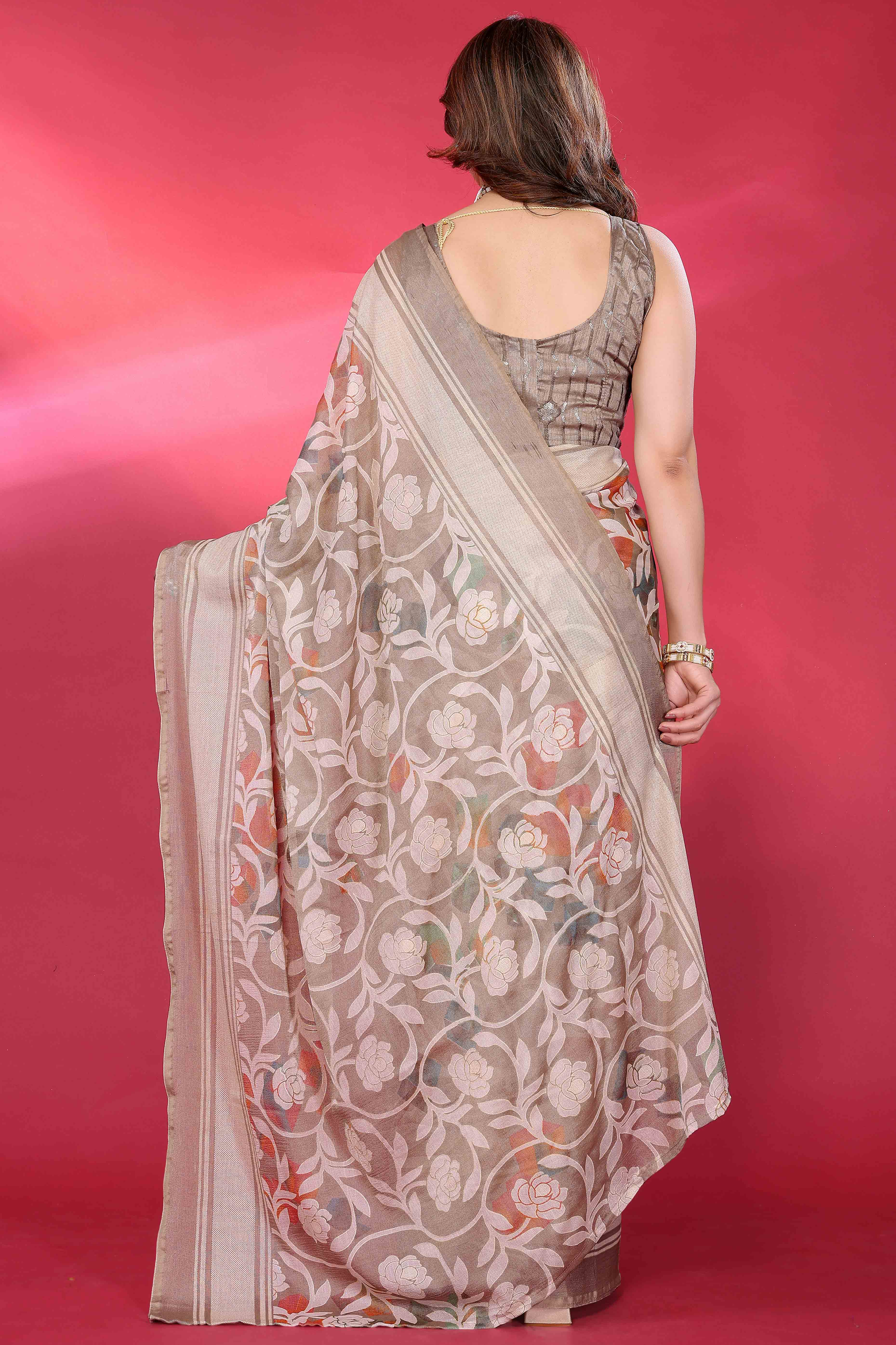 Graceful Grey Brasso Chiffon Saree with Floral Foil Print