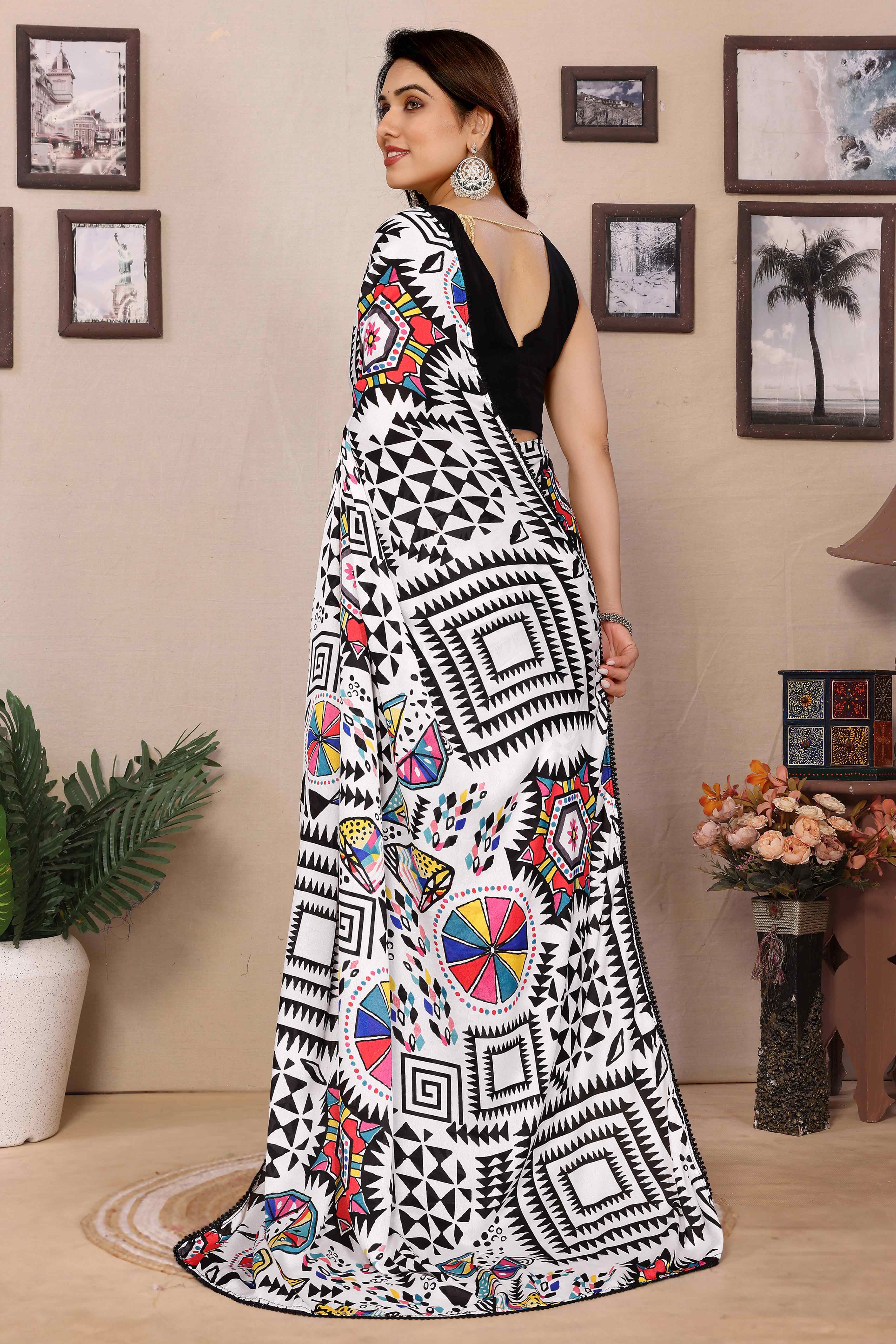White & Black Geometric Printed Moss Satin Saree