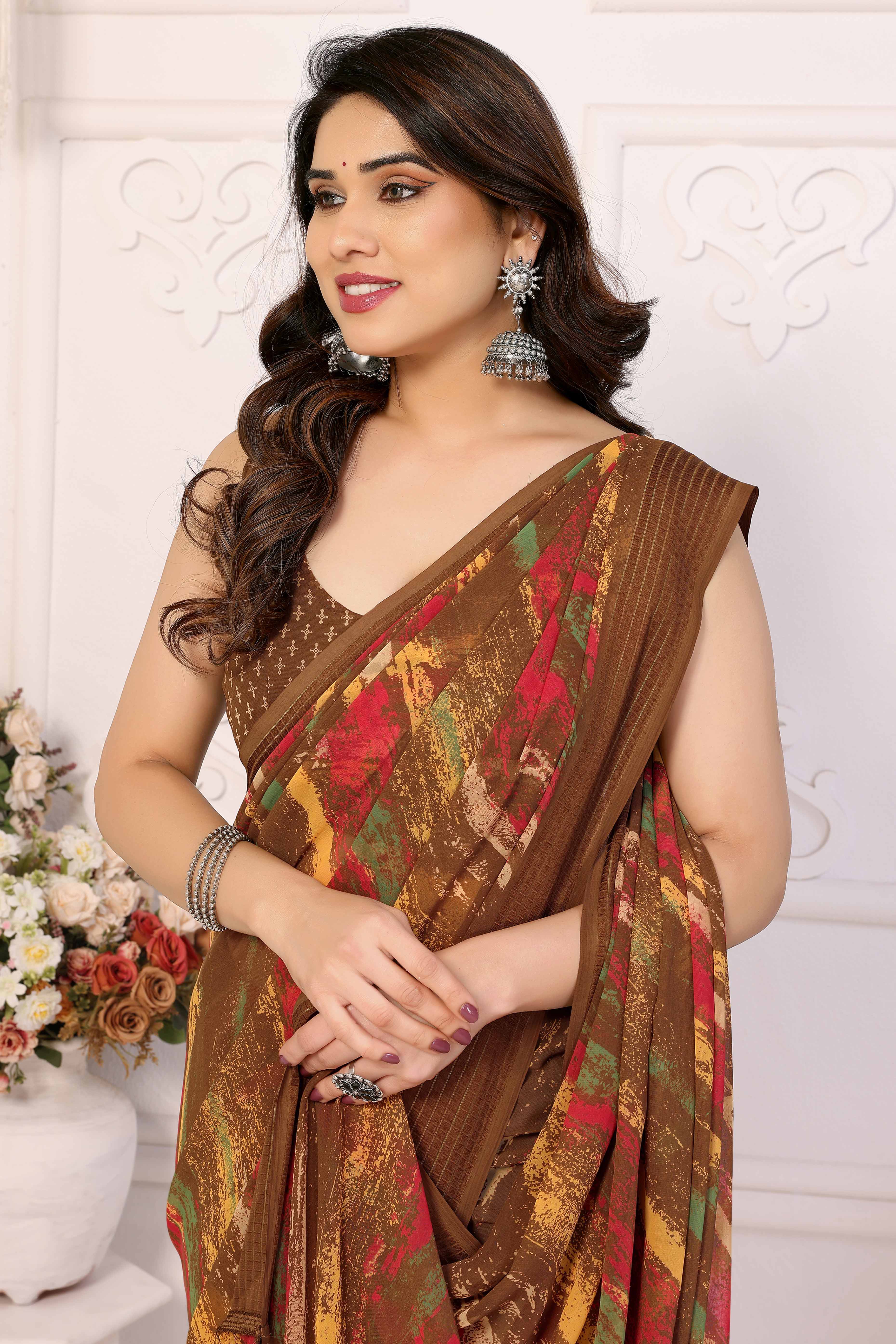 Brown Printed Georgette Saree Saree With Tassels