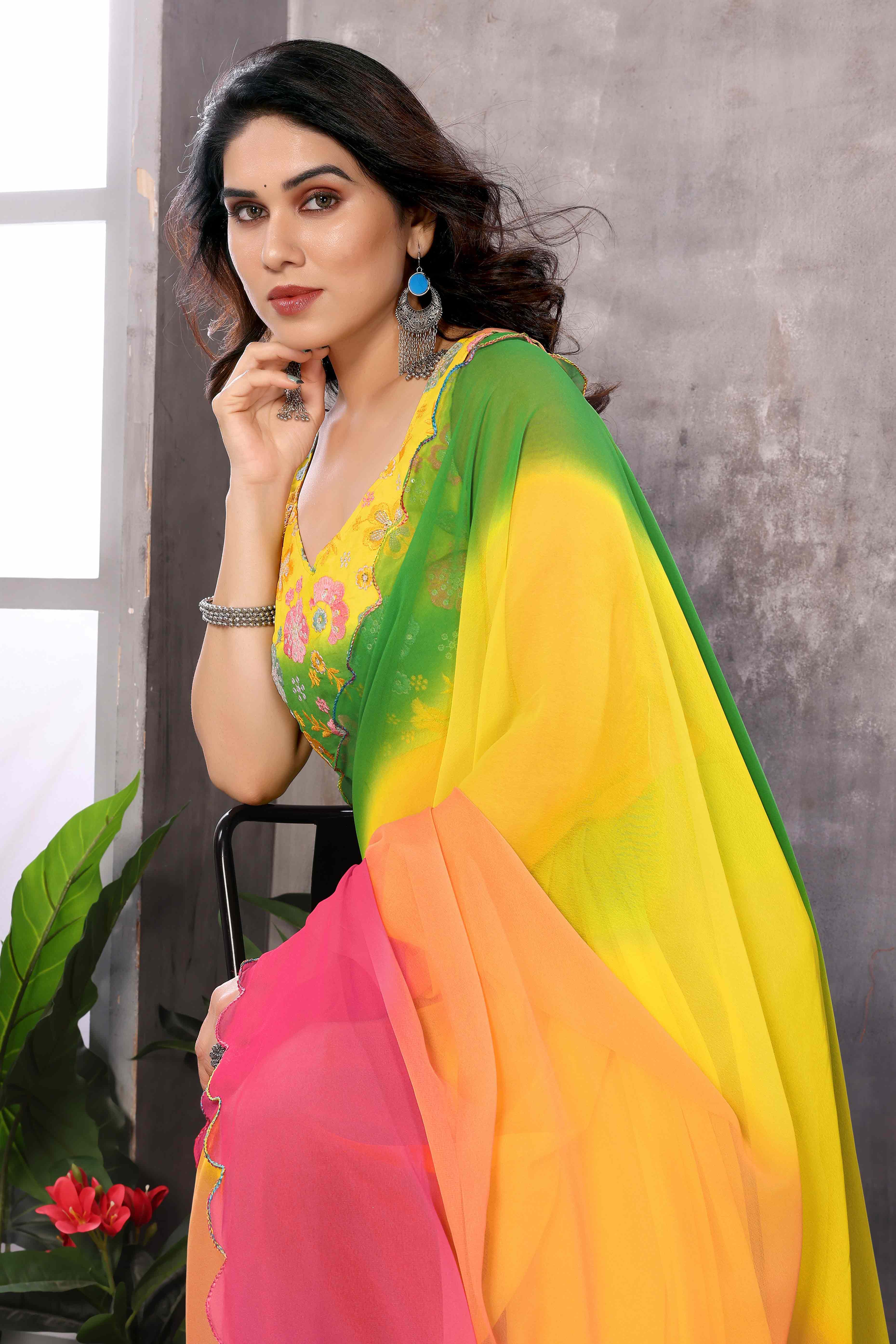 Multicolor Solid Georgette Ombre Saree