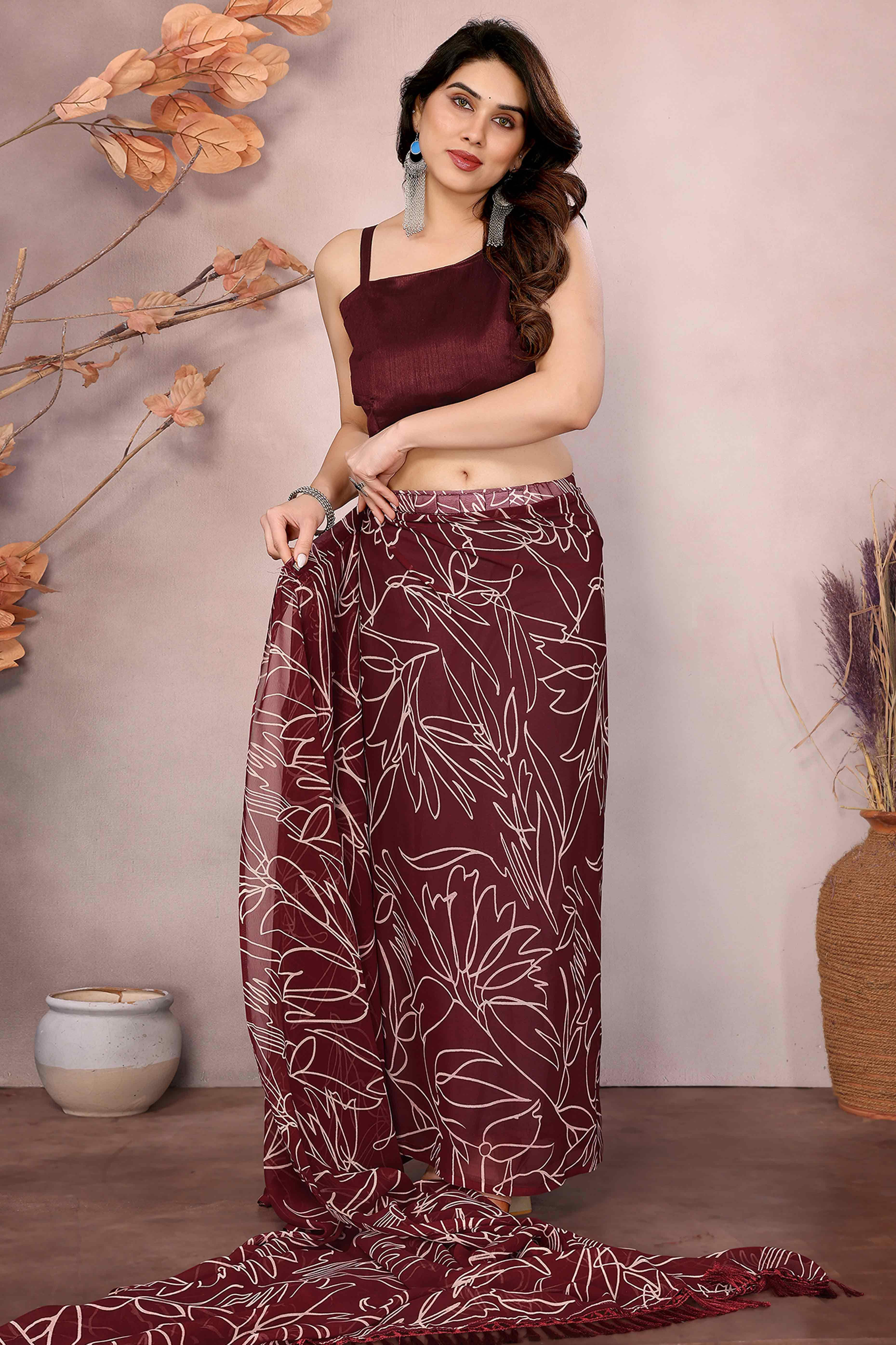 Maroon Floral Printed Georgette Ready Made Saree With Tassels