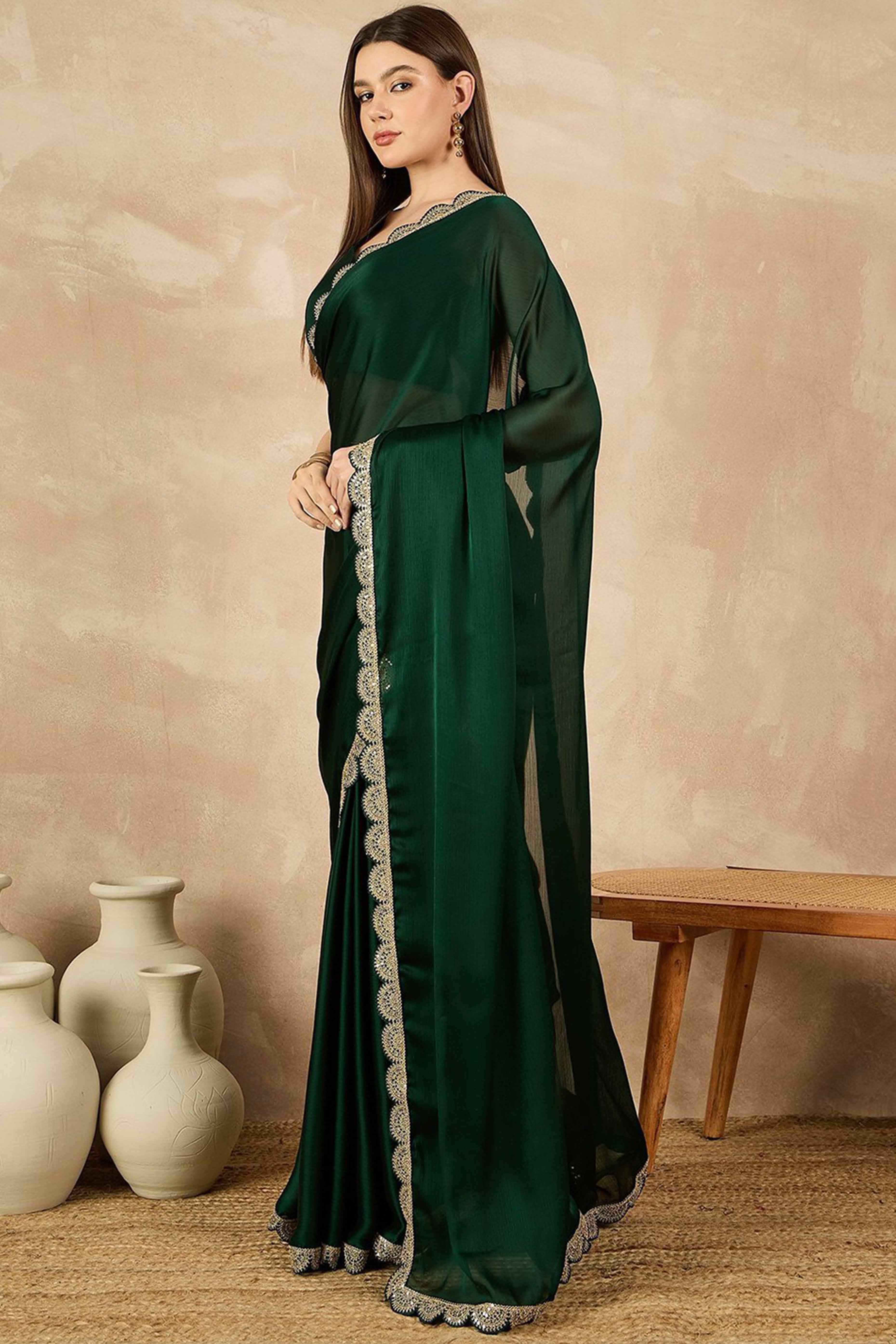 Green Solid Chiffon Saree With Sequins Embroidered Border