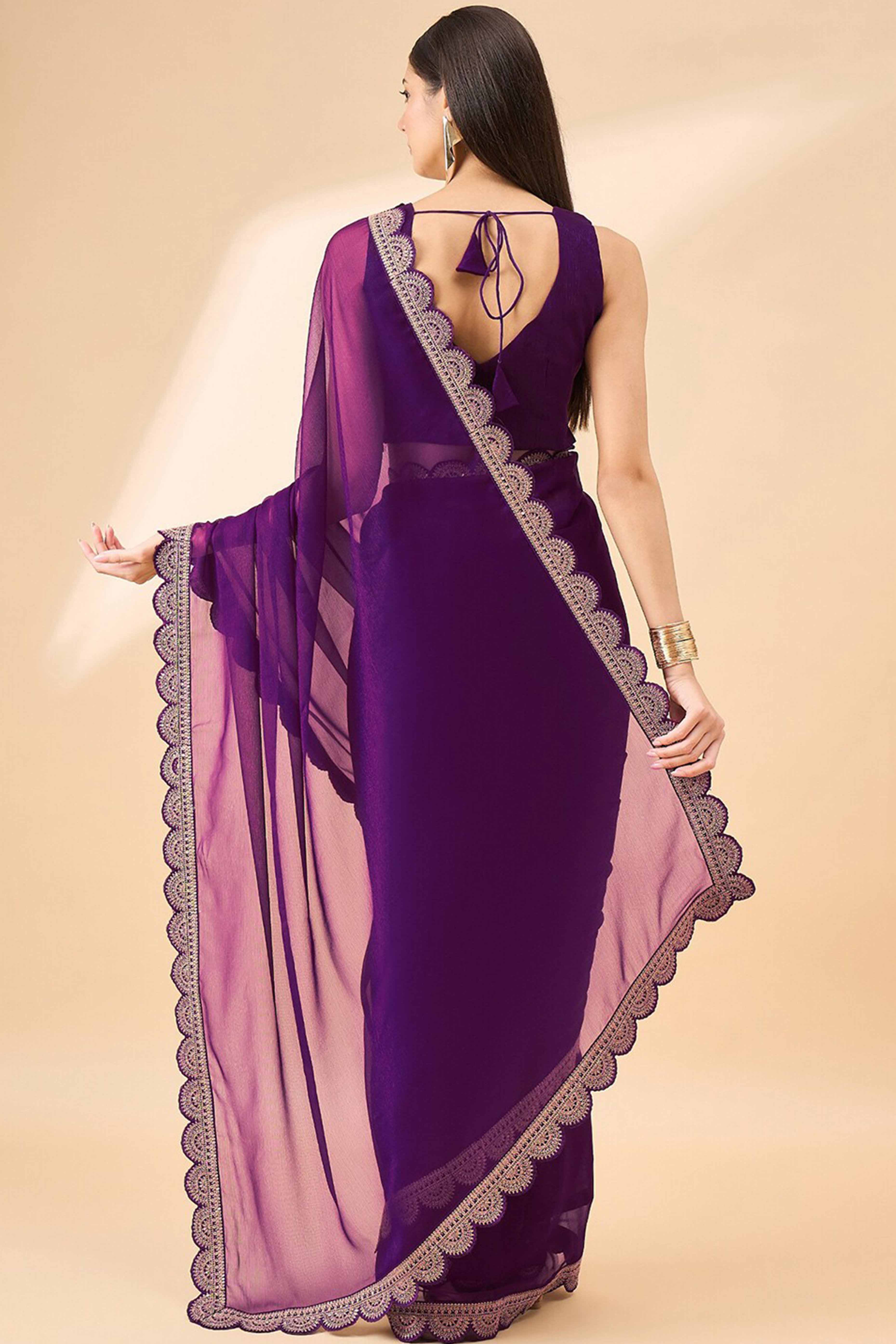 Purple Solid Chiffon Saree With Sequins Embroidered Border