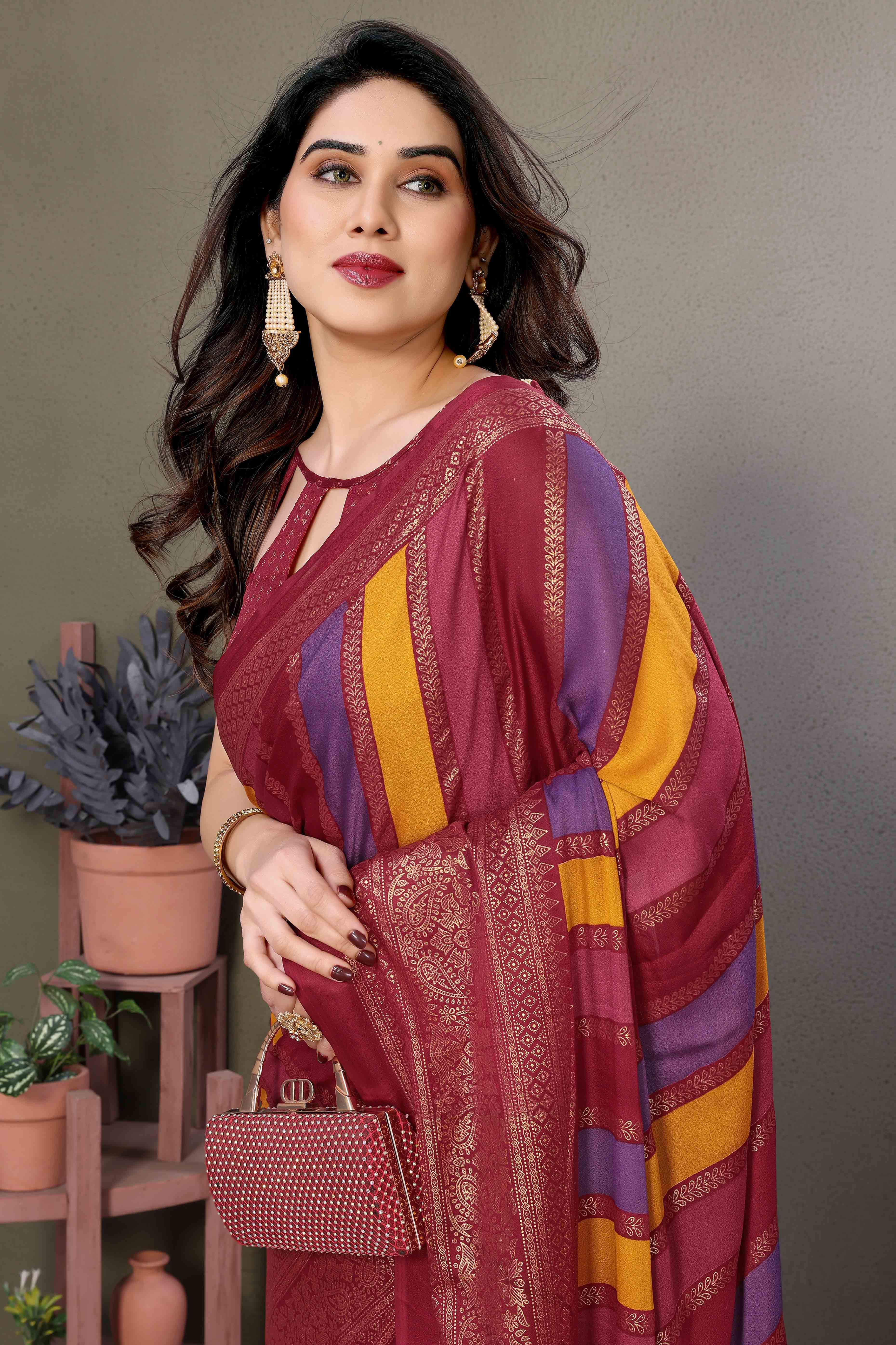 Maroon Striped Foil Printed Moss Satin Saree Saree With Tassels