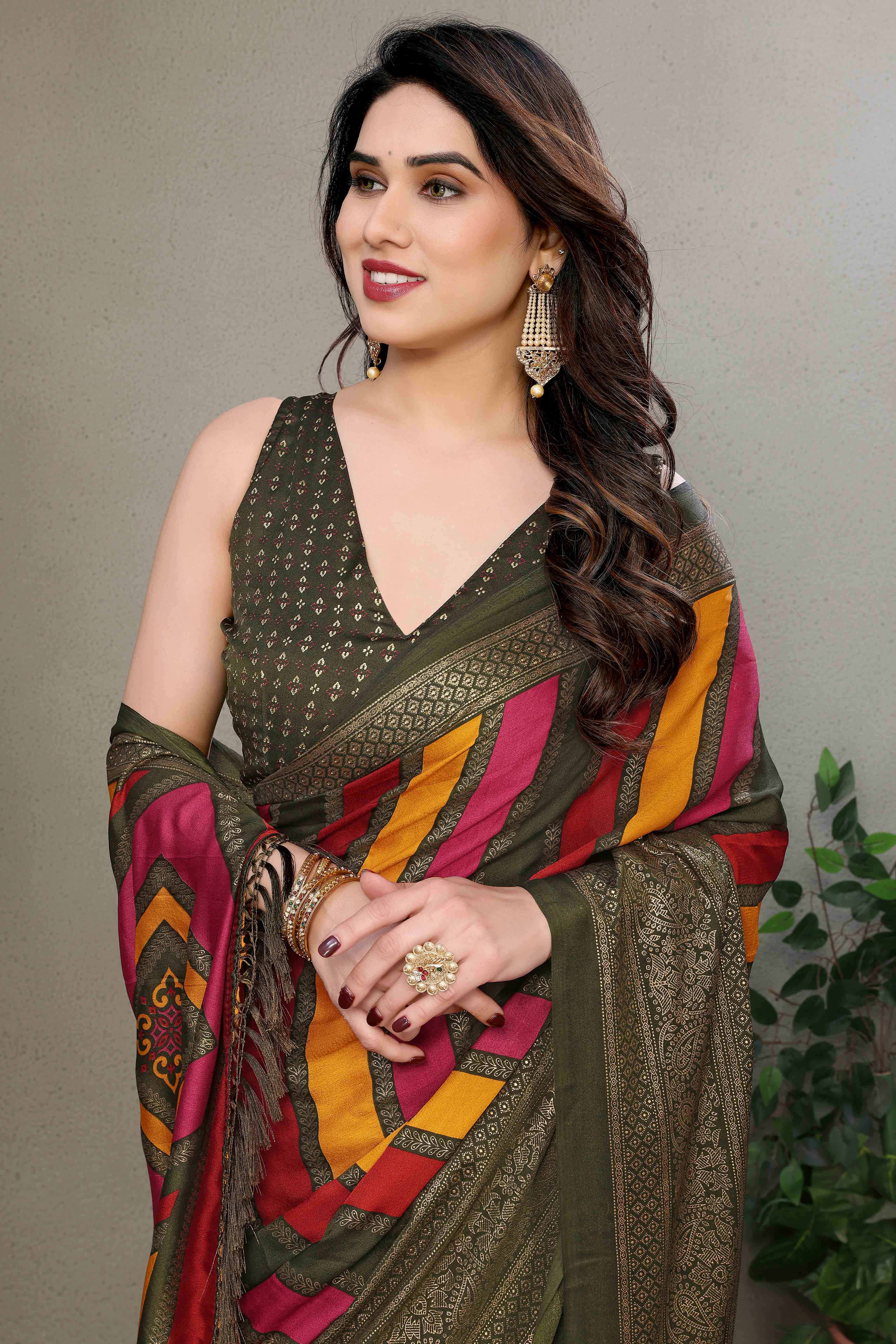 Mehendi Green Striped Foil Printed Moss Satin Saree Saree With Tassels