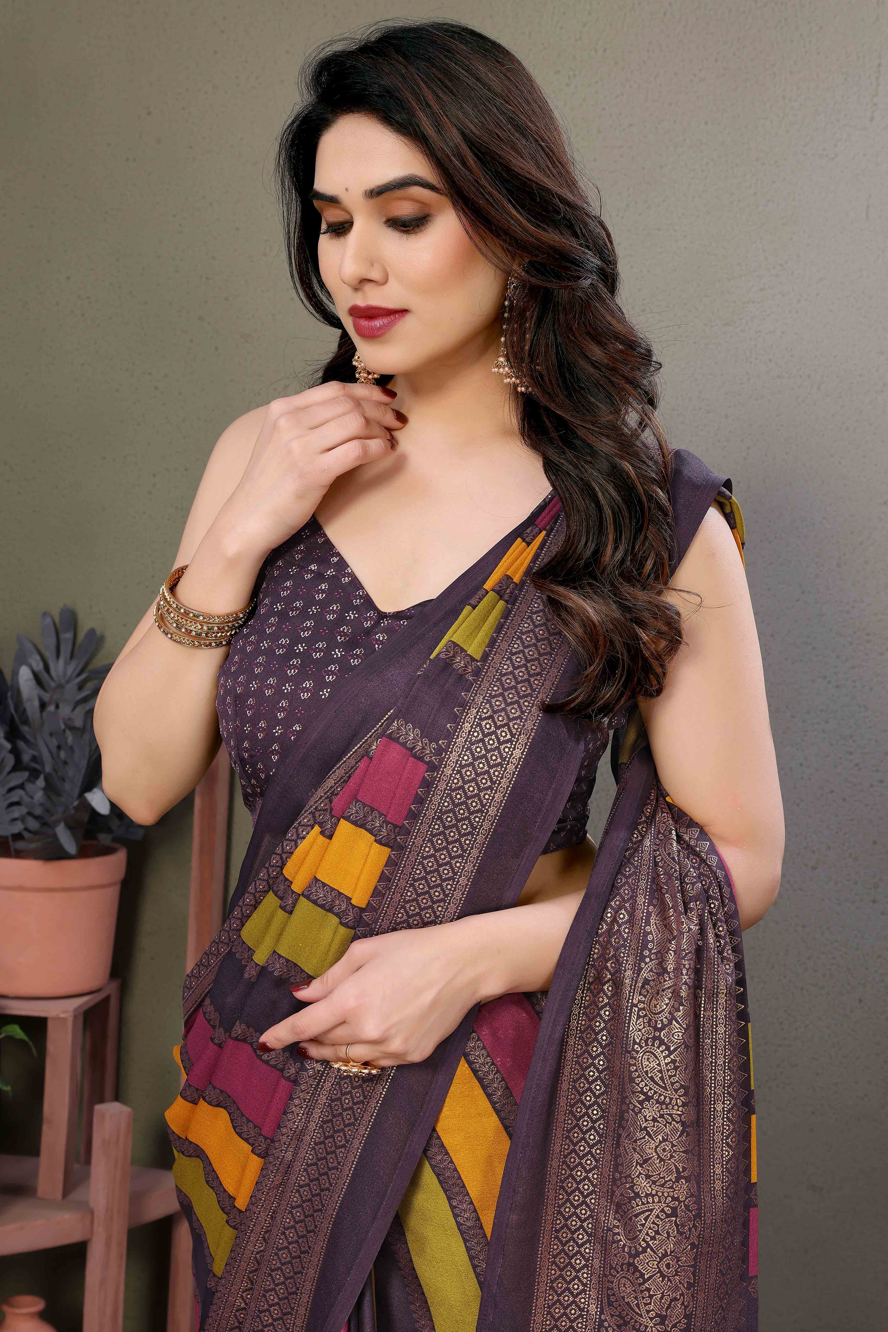 Wine Striped Foil Printed Moss Satin Saree Saree With Tassels