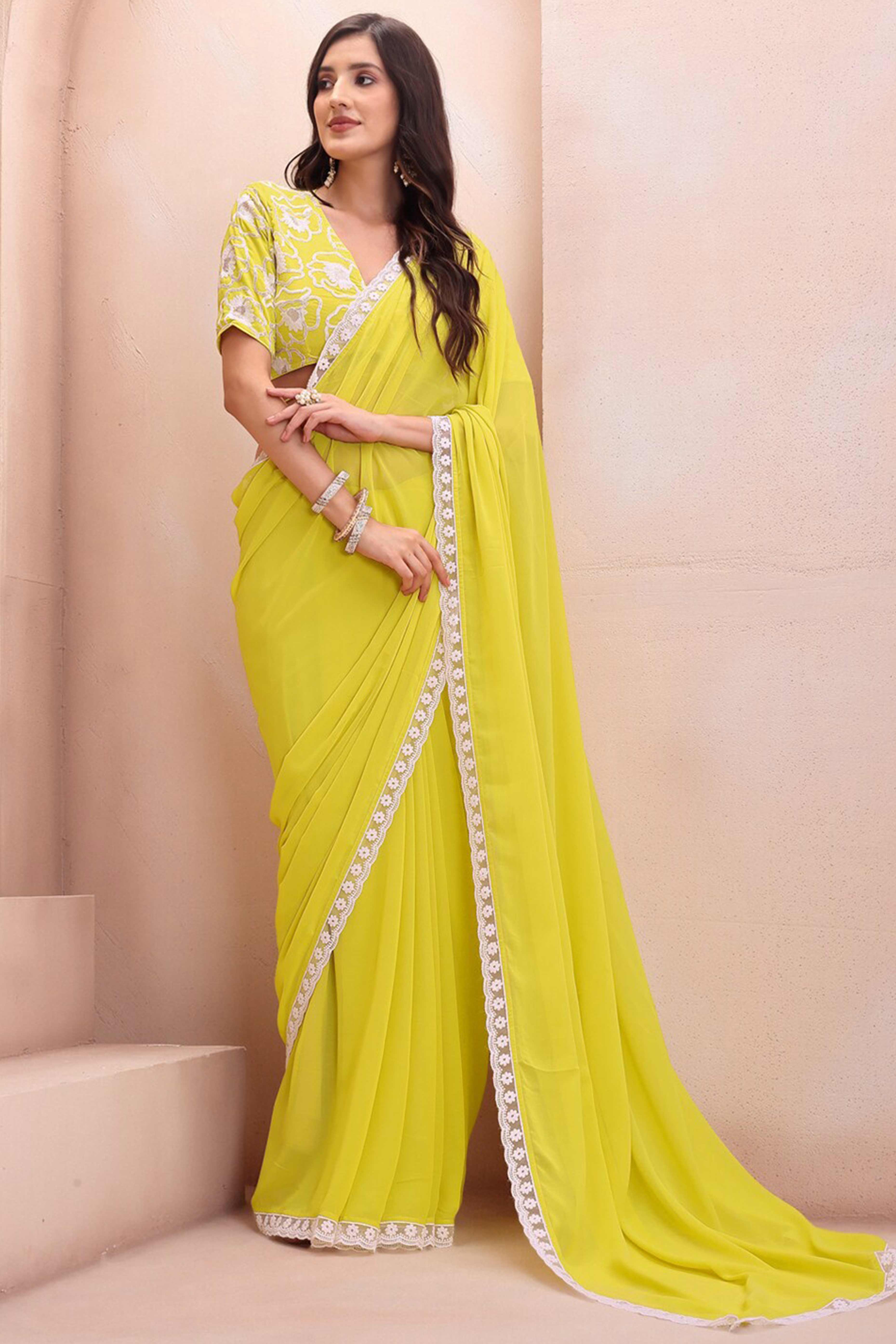 Lemon Yellow Solid Georgette Saree With Embroidered Border