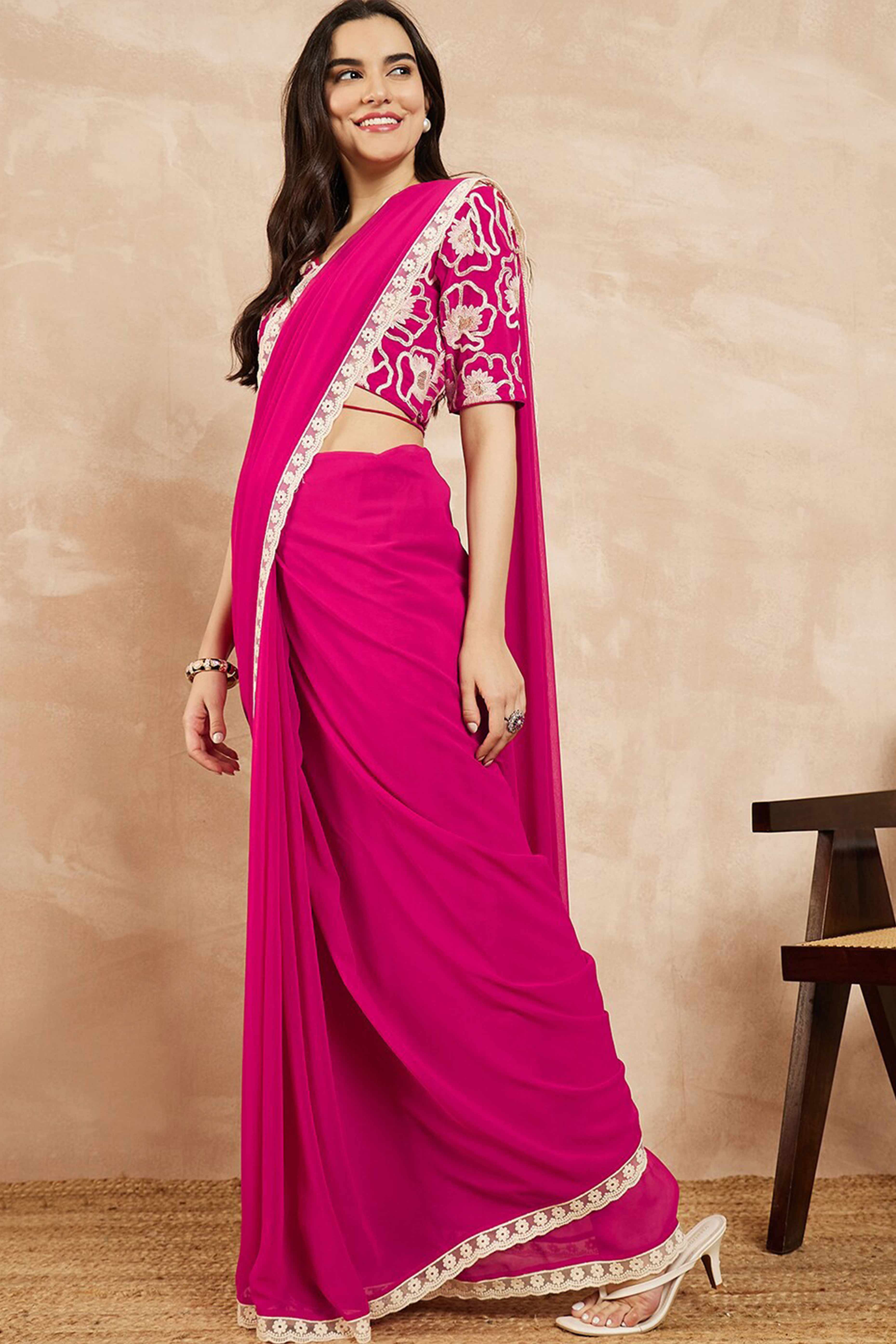 Pink Solid Georgette Saree With Embroidered Border