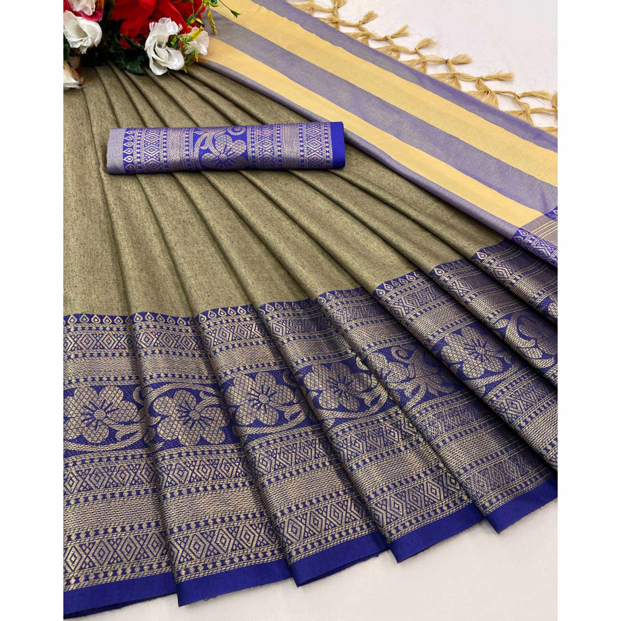 Chikoo Floral Woven Cotton Silk Saree With Tassels