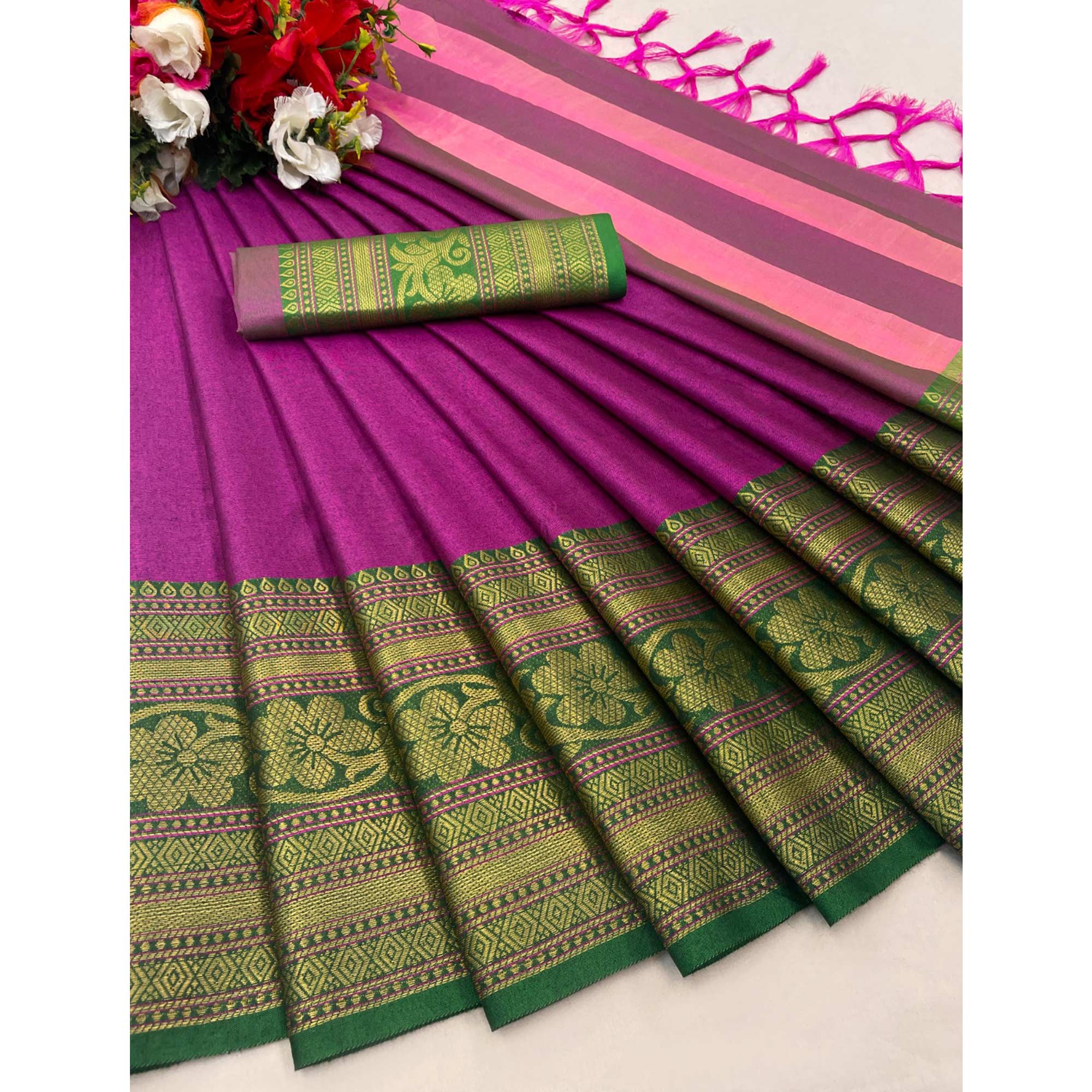 Magenta Floral Woven Cotton Silk Saree With Tassels