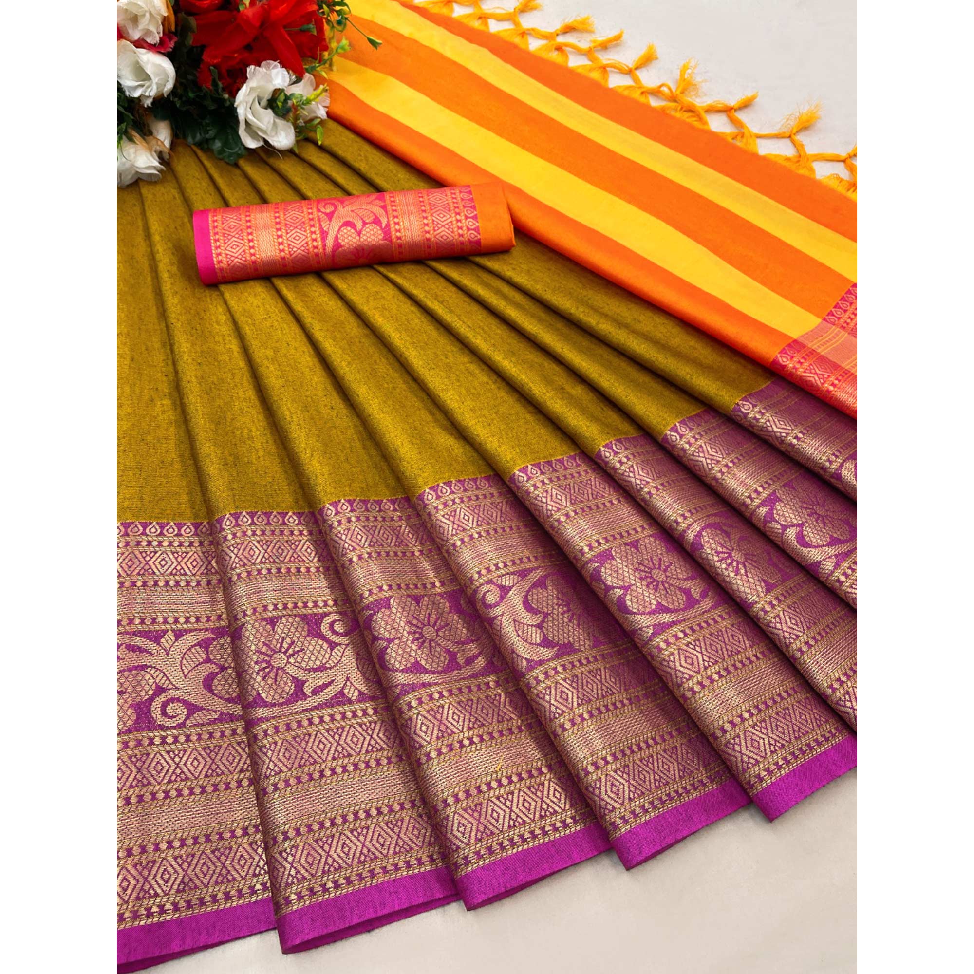 Mustard Floral Woven Cotton Silk Saree With Tassels