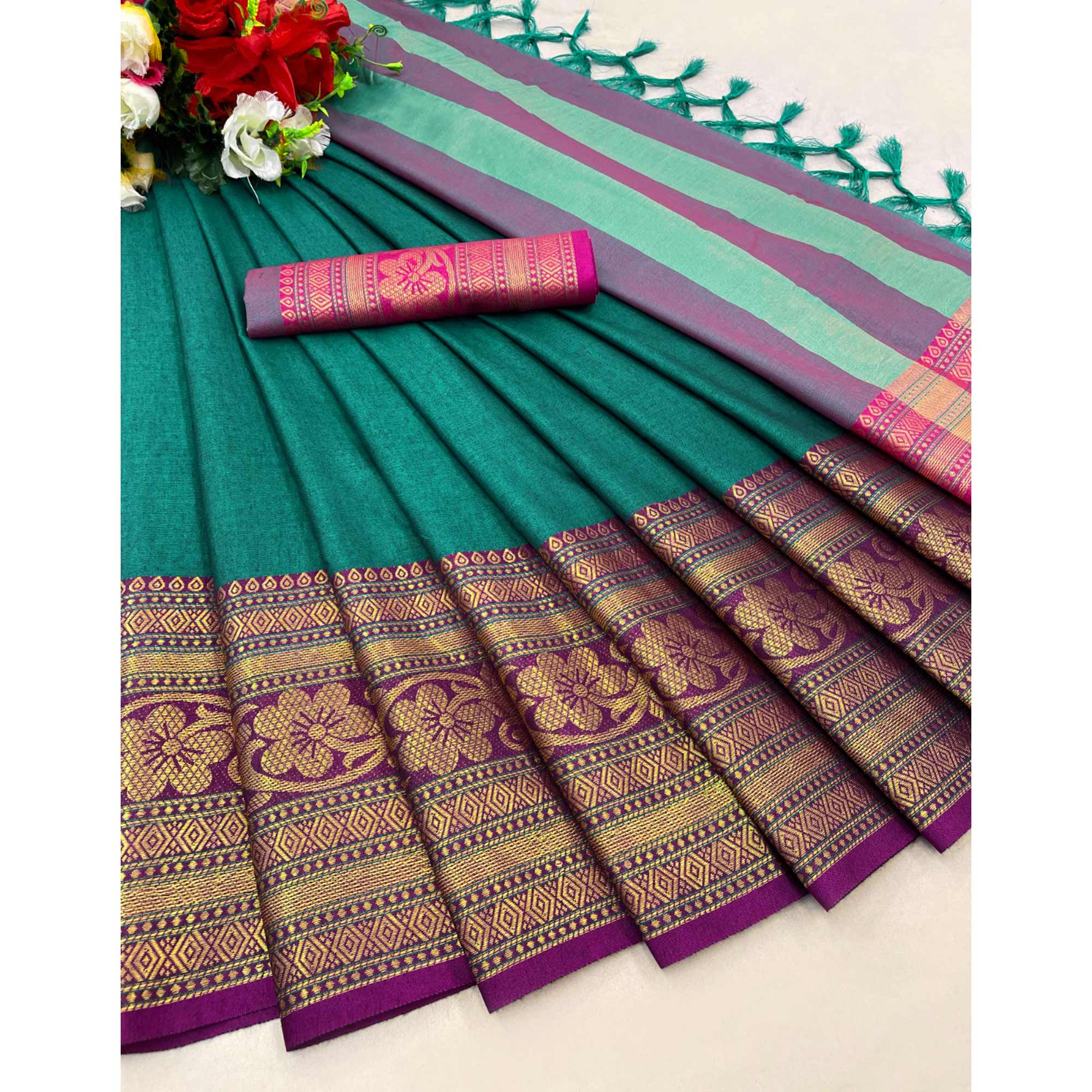 Rama Blue Floral Woven Cotton Silk Saree With Tassels