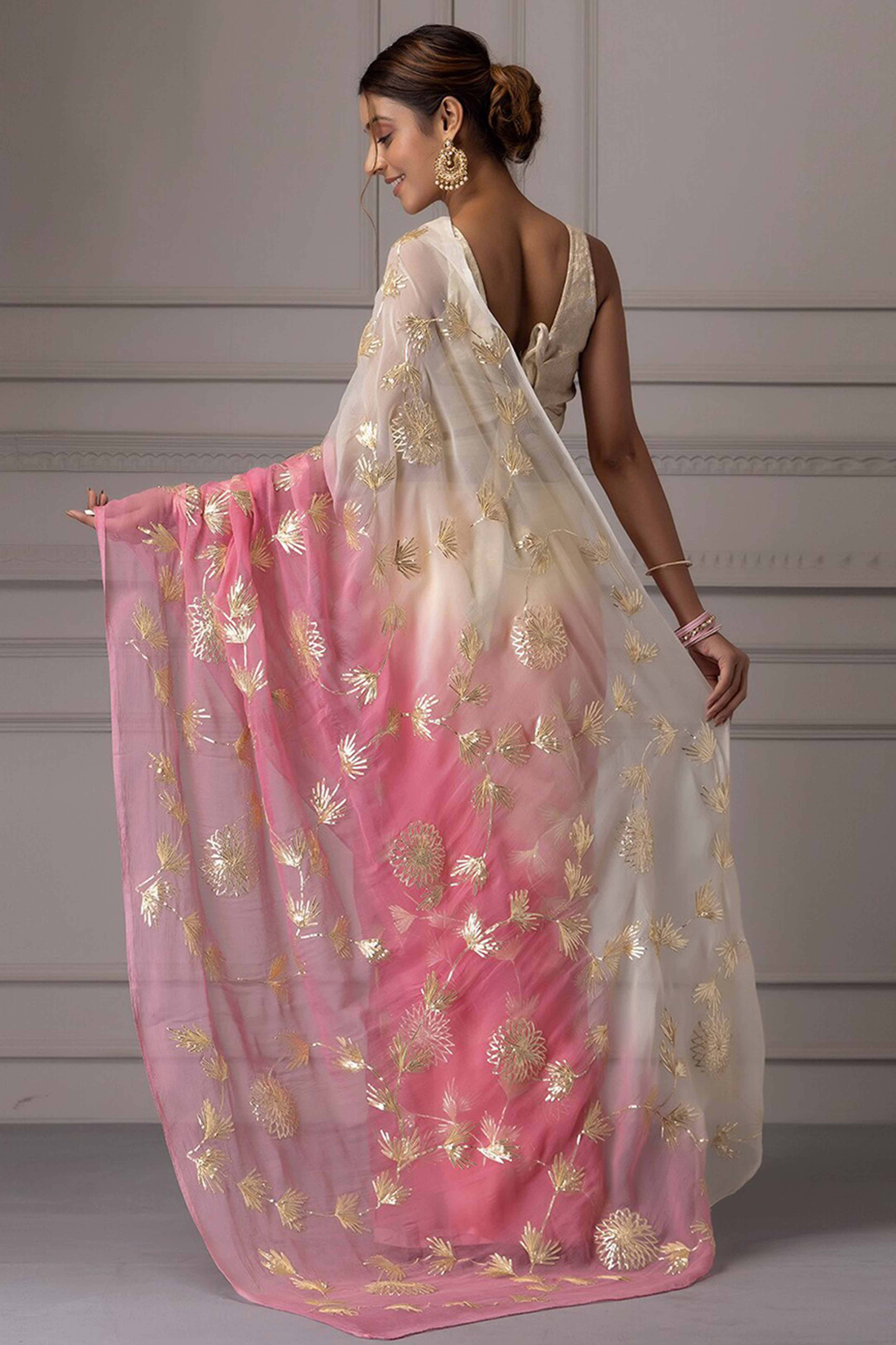 Pink & Cream Floral Gota Patti Work Organza Silk Half & Half Saree